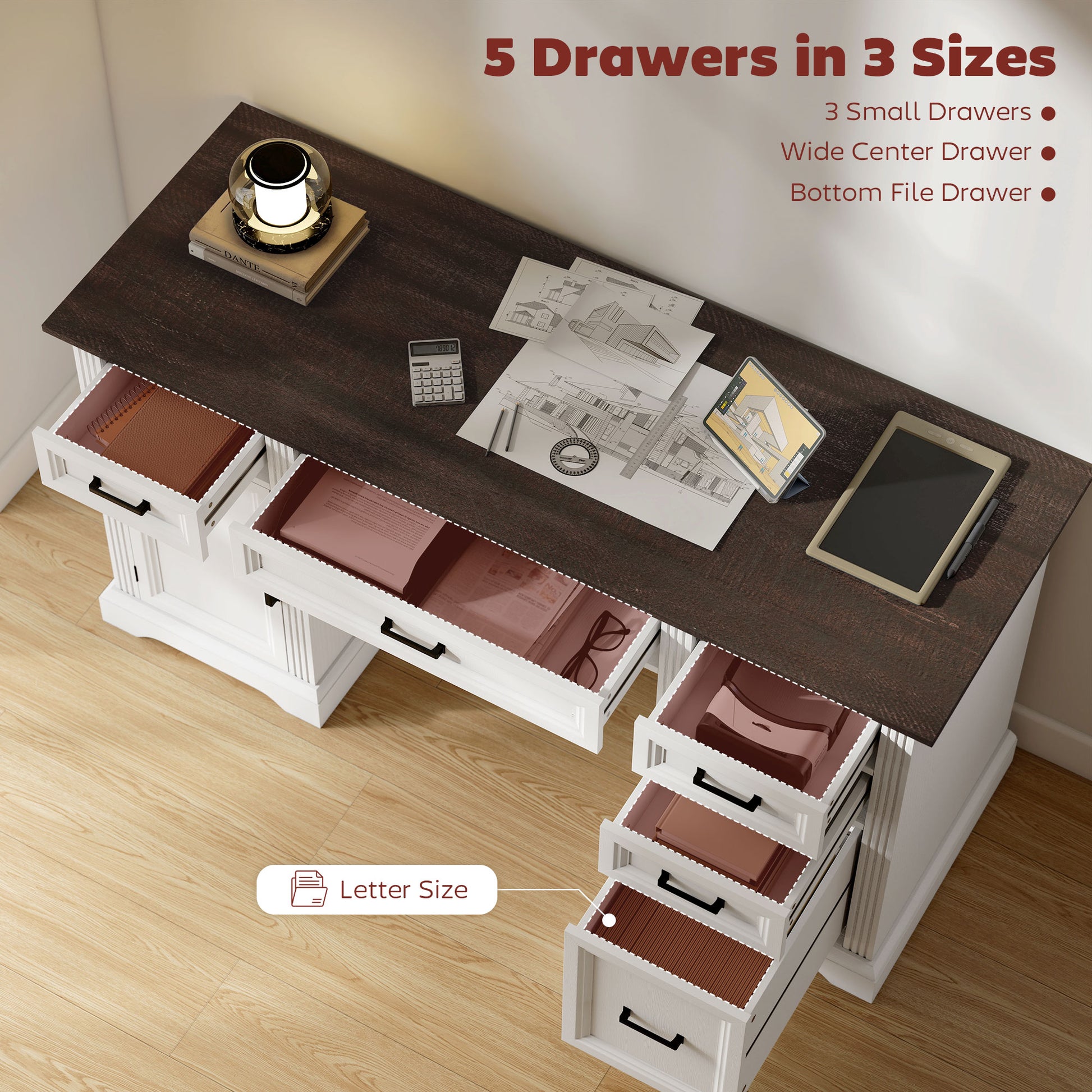 58" Farmhouse Executive Desk with File Drawer - White-DECOROLALA