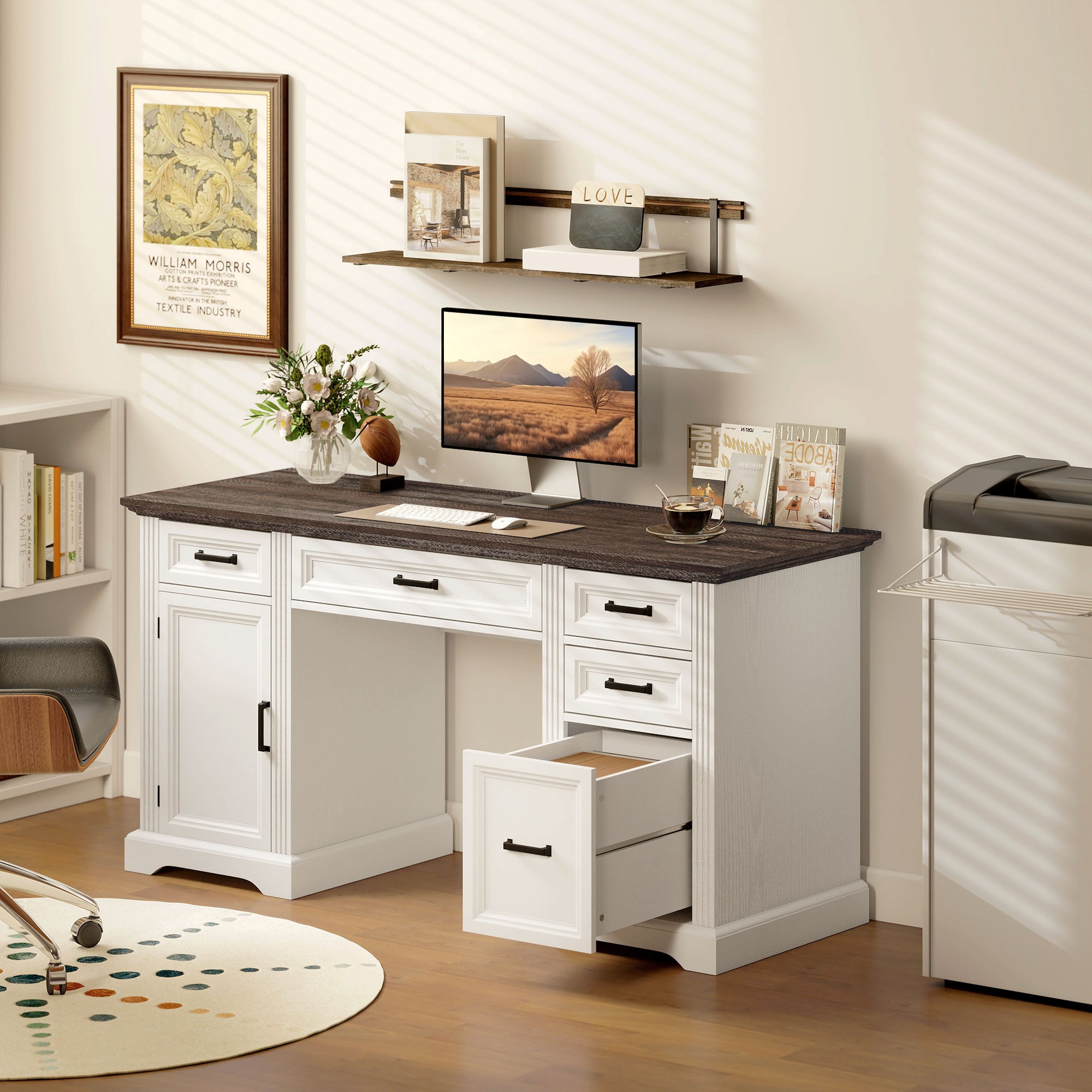 58" Farmhouse Executive Desk with File Drawer - White-DECOROLALA