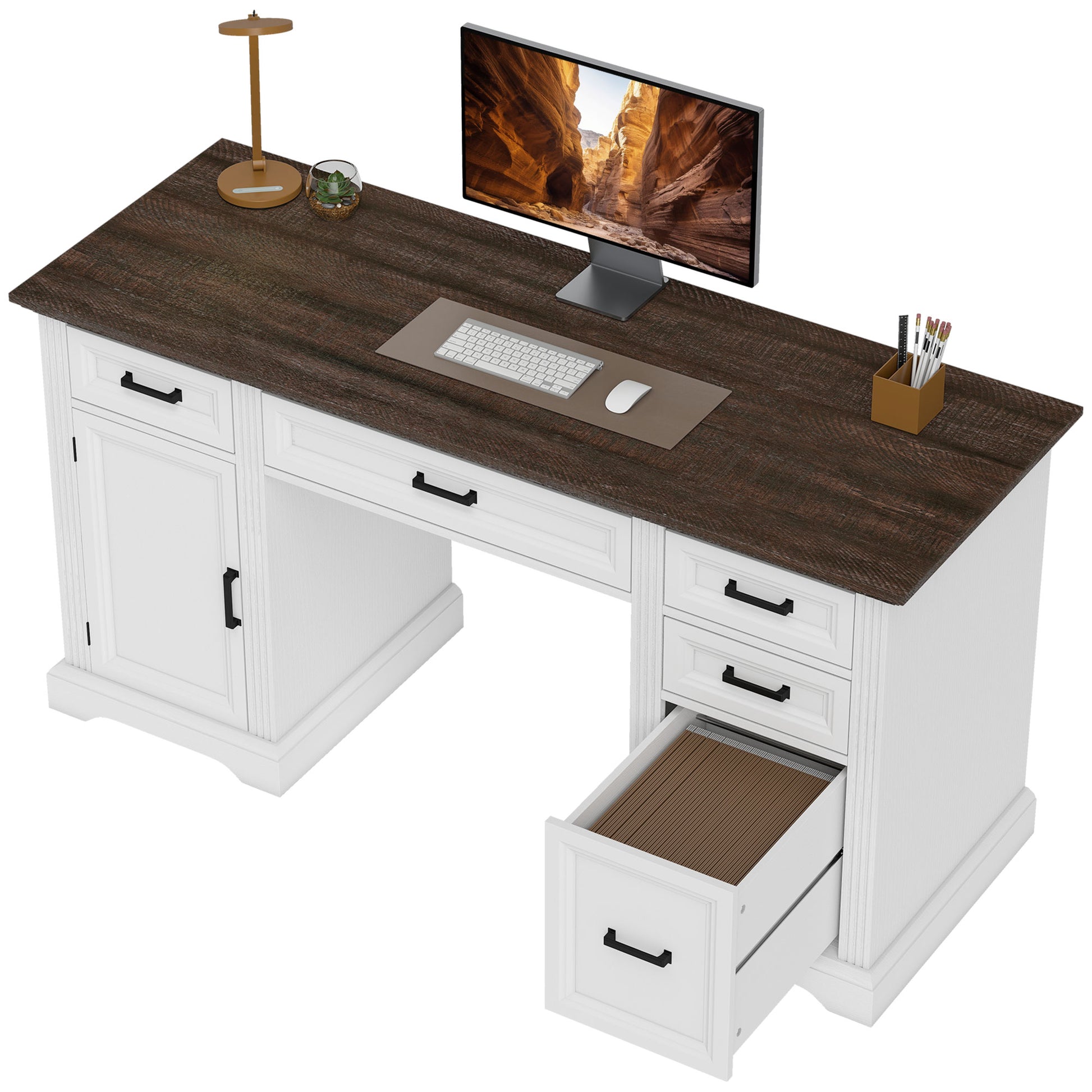 58" Farmhouse Executive Desk with File Drawer - White-DECOROLALA