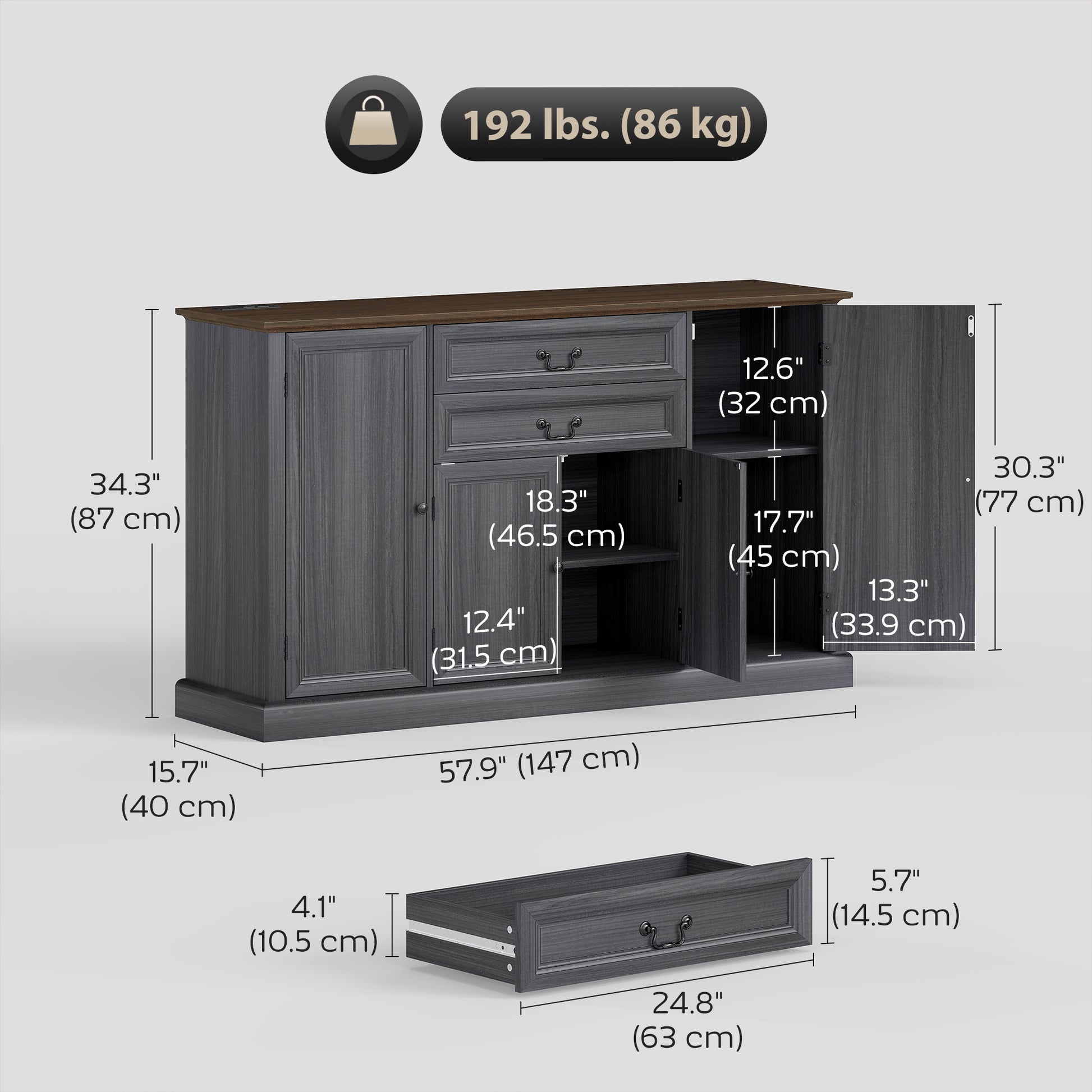 58" Farmhouse Sideboard Buffet Cabinet with Charging Station - Black-DECOROLALA