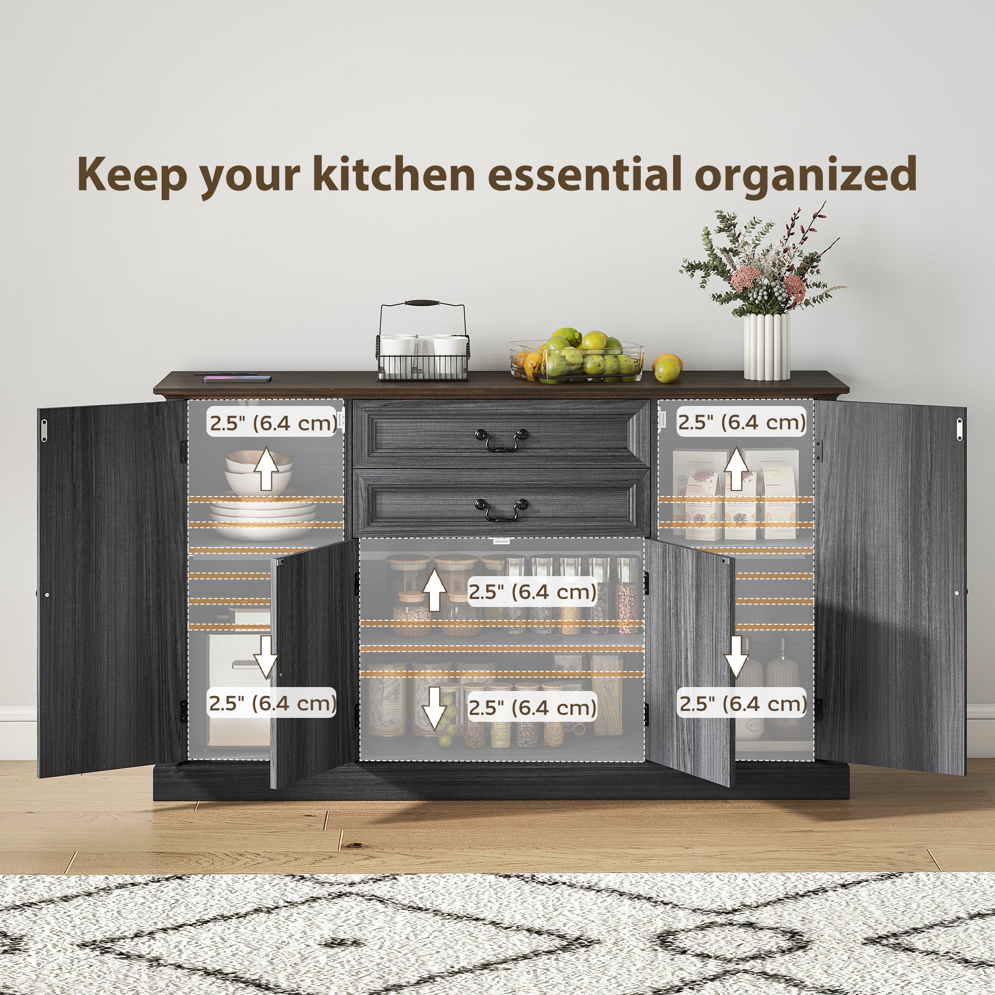 58" Farmhouse Sideboard Buffet Cabinet with Charging Station - Black-DECOROLALA
