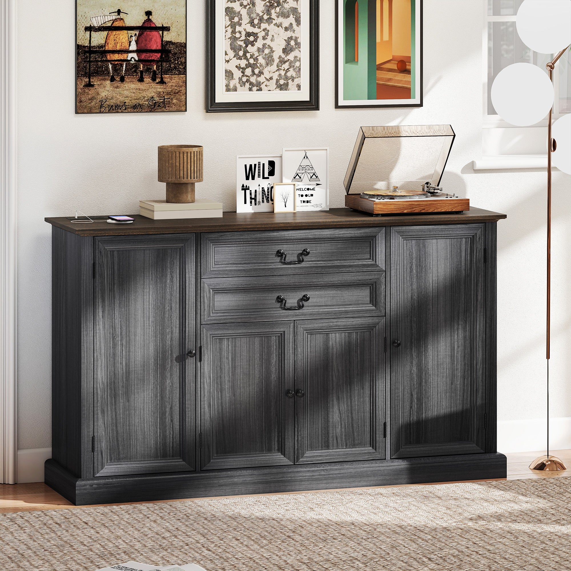 58" Farmhouse Sideboard Buffet Cabinet with Charging Station - Black-DECOROLALA