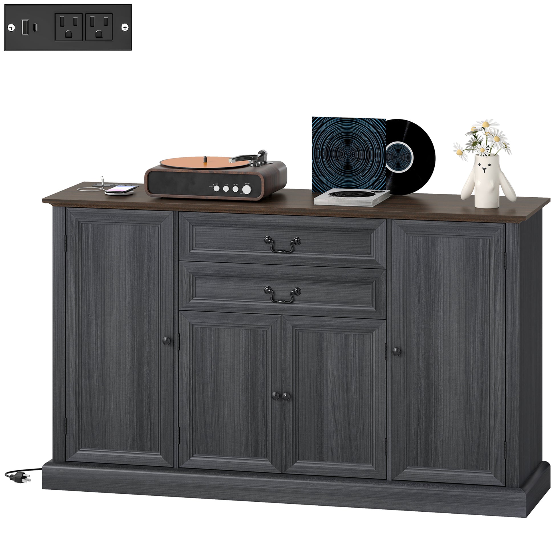 58" Farmhouse Sideboard Buffet Cabinet with Charging Station - Black-DECOROLALA