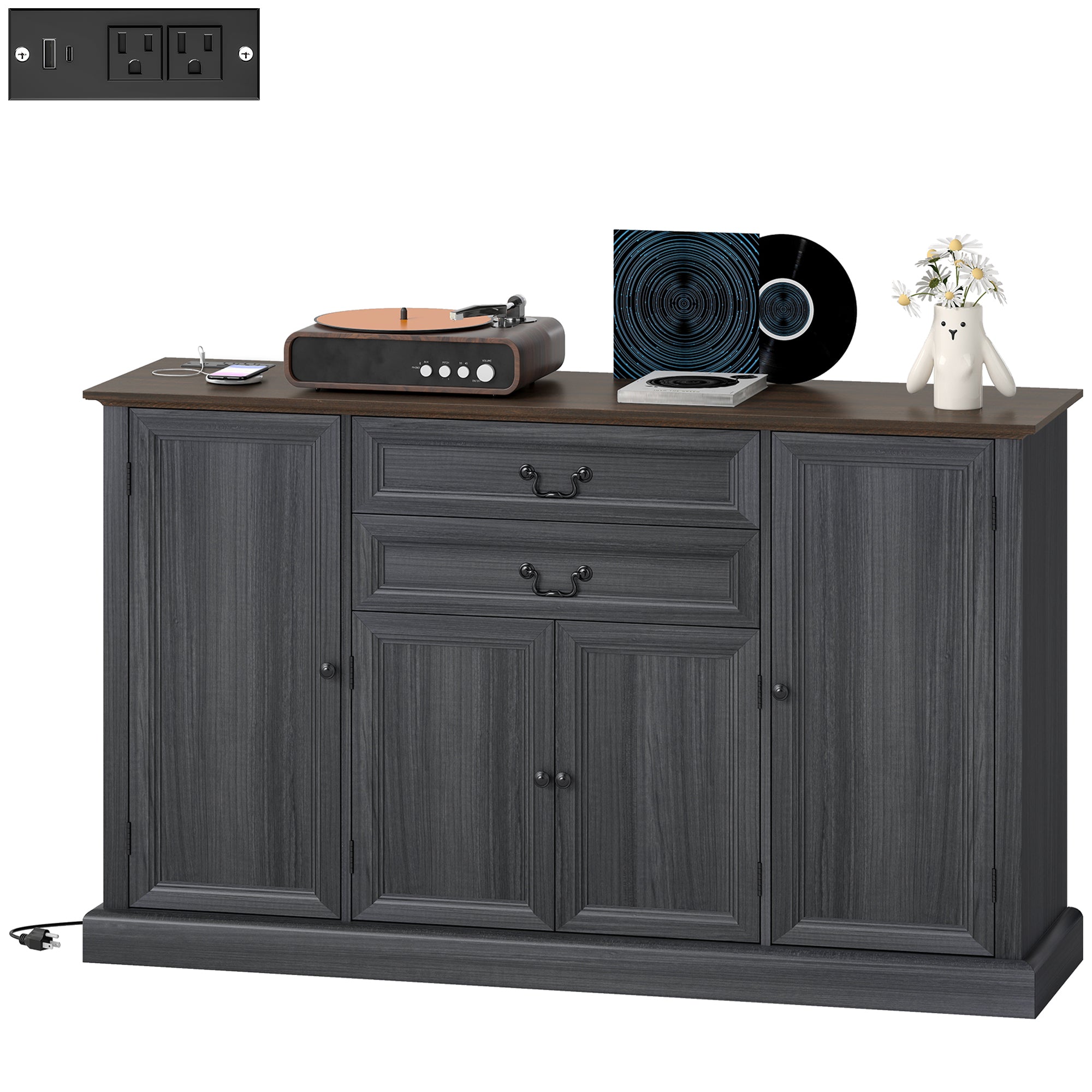 58" Farmhouse Sideboard Buffet Cabinet with Charging Station - Black-DECOROLALA