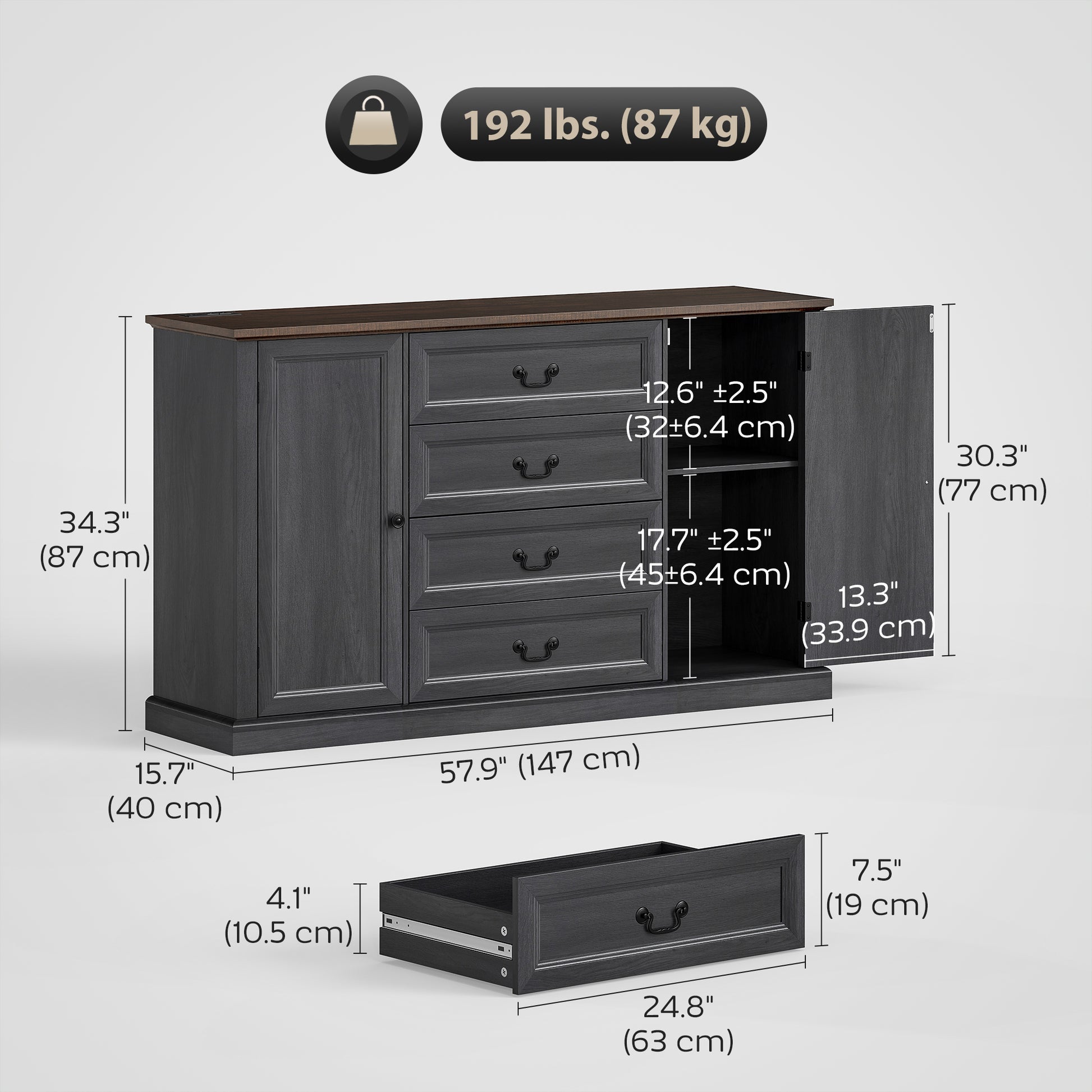 58" Farmhouse Sideboard with Charging Station - Black-DECOROLALA