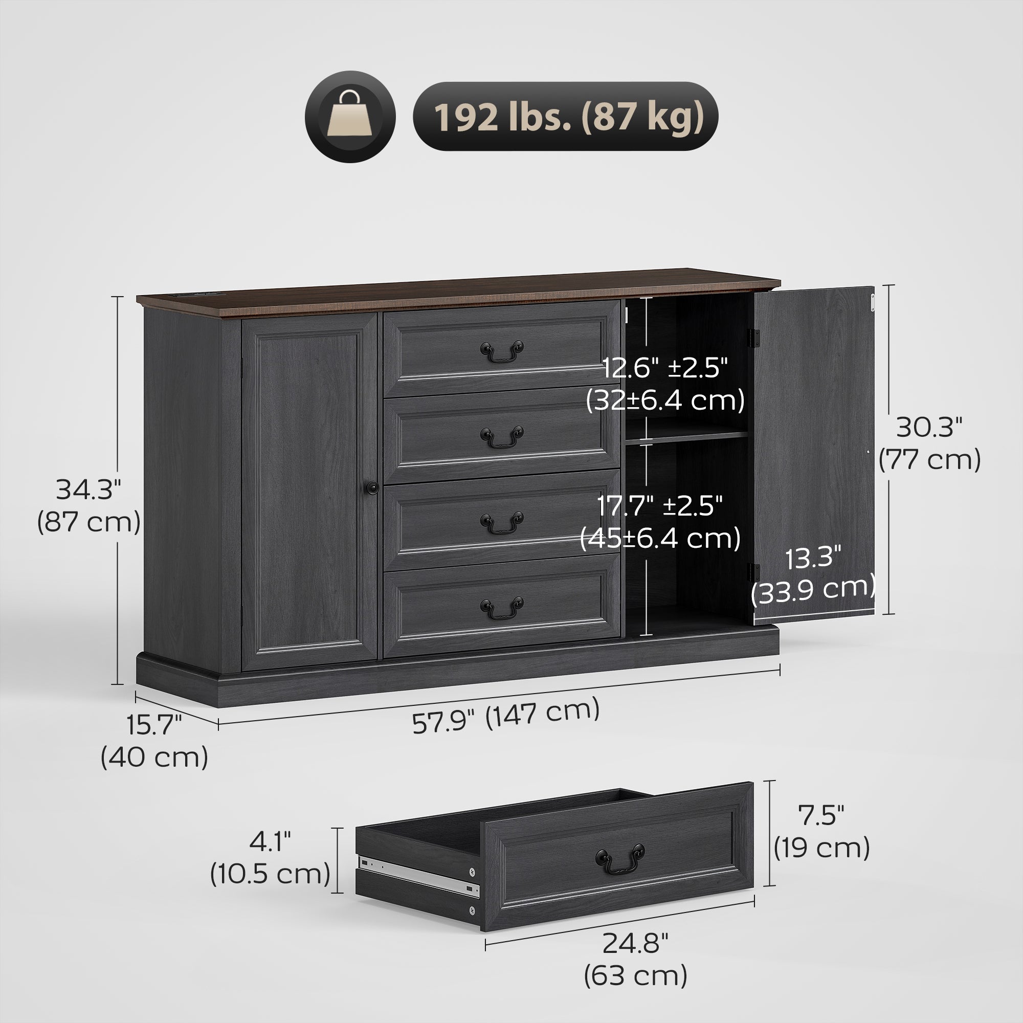 58" Farmhouse Sideboard with Charging Station - Black-DECOROLALA