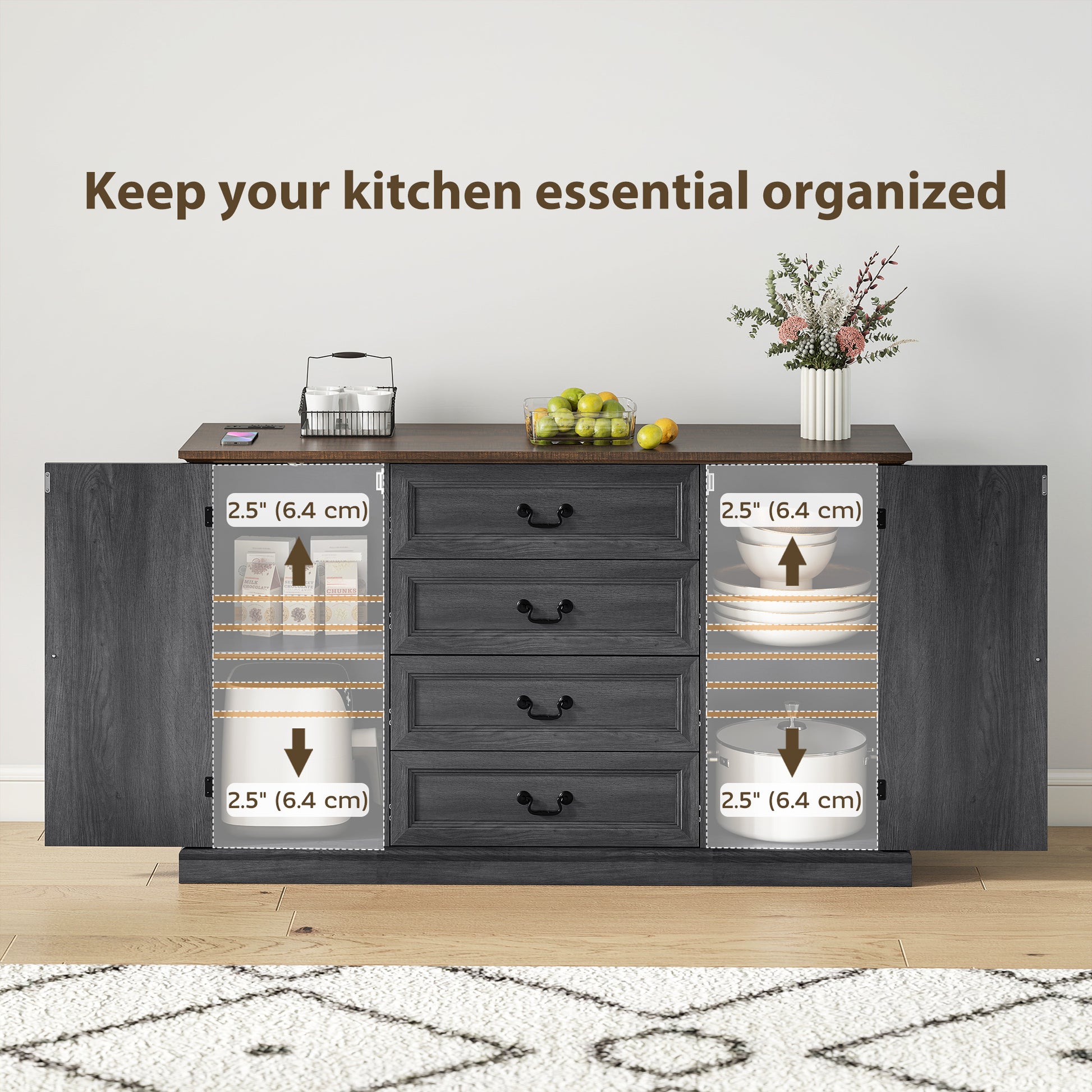 58" Farmhouse Sideboard with Charging Station - Black-DECOROLALA