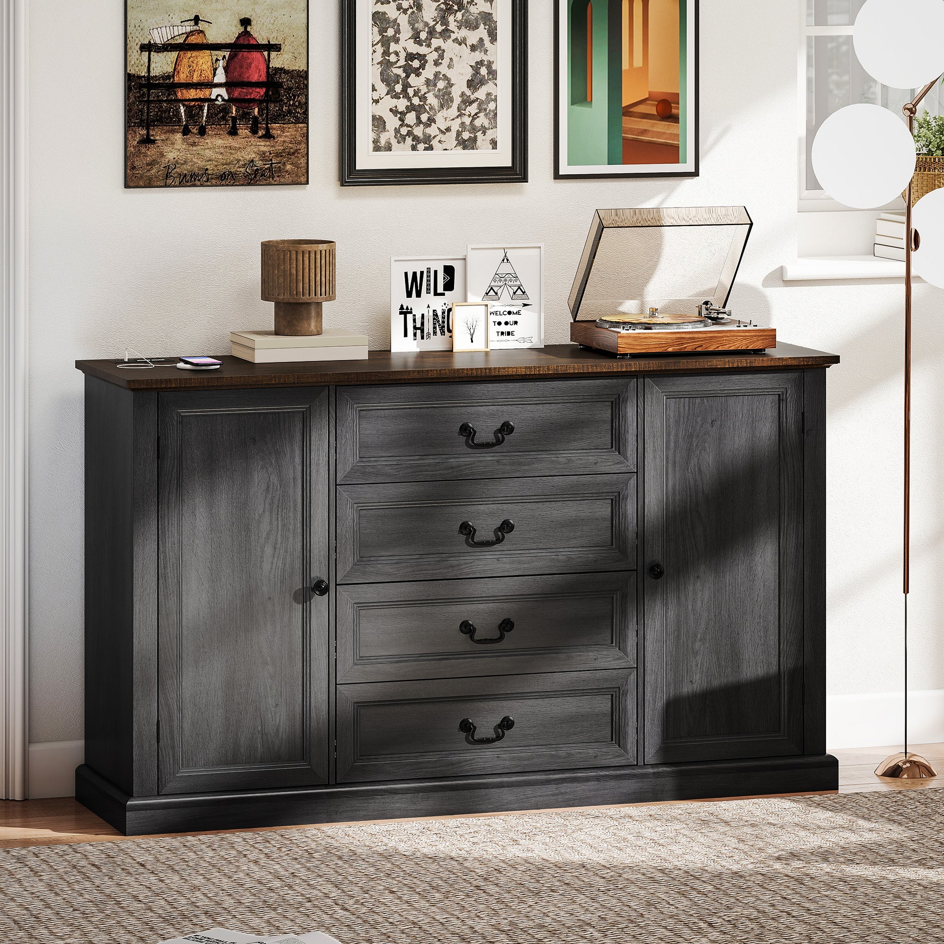 58" Farmhouse Sideboard with Charging Station - Black-DECOROLALA