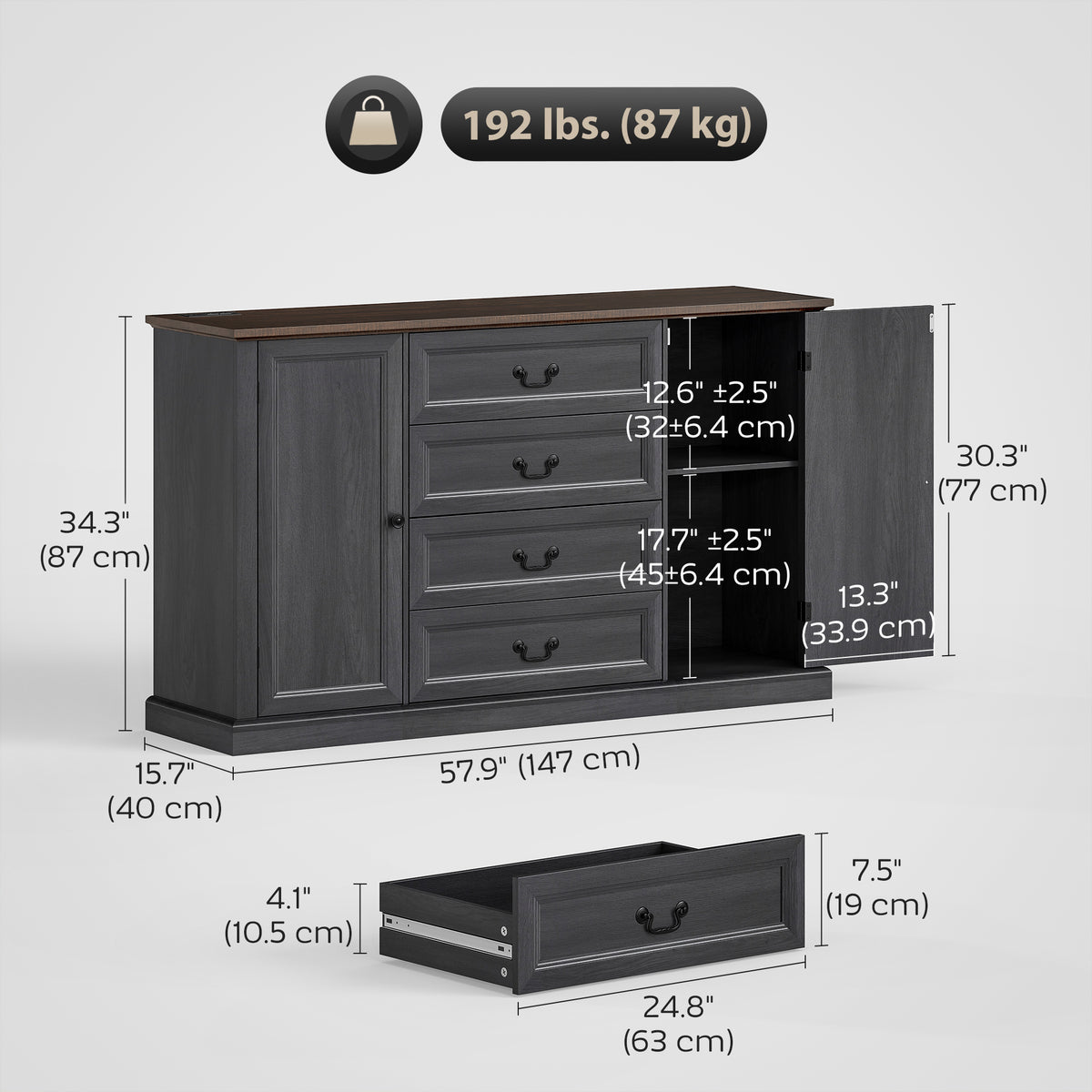 58" Farmhouse Sideboard with Charging Station - Black-Sideboards & Buffets-DECOROLALA