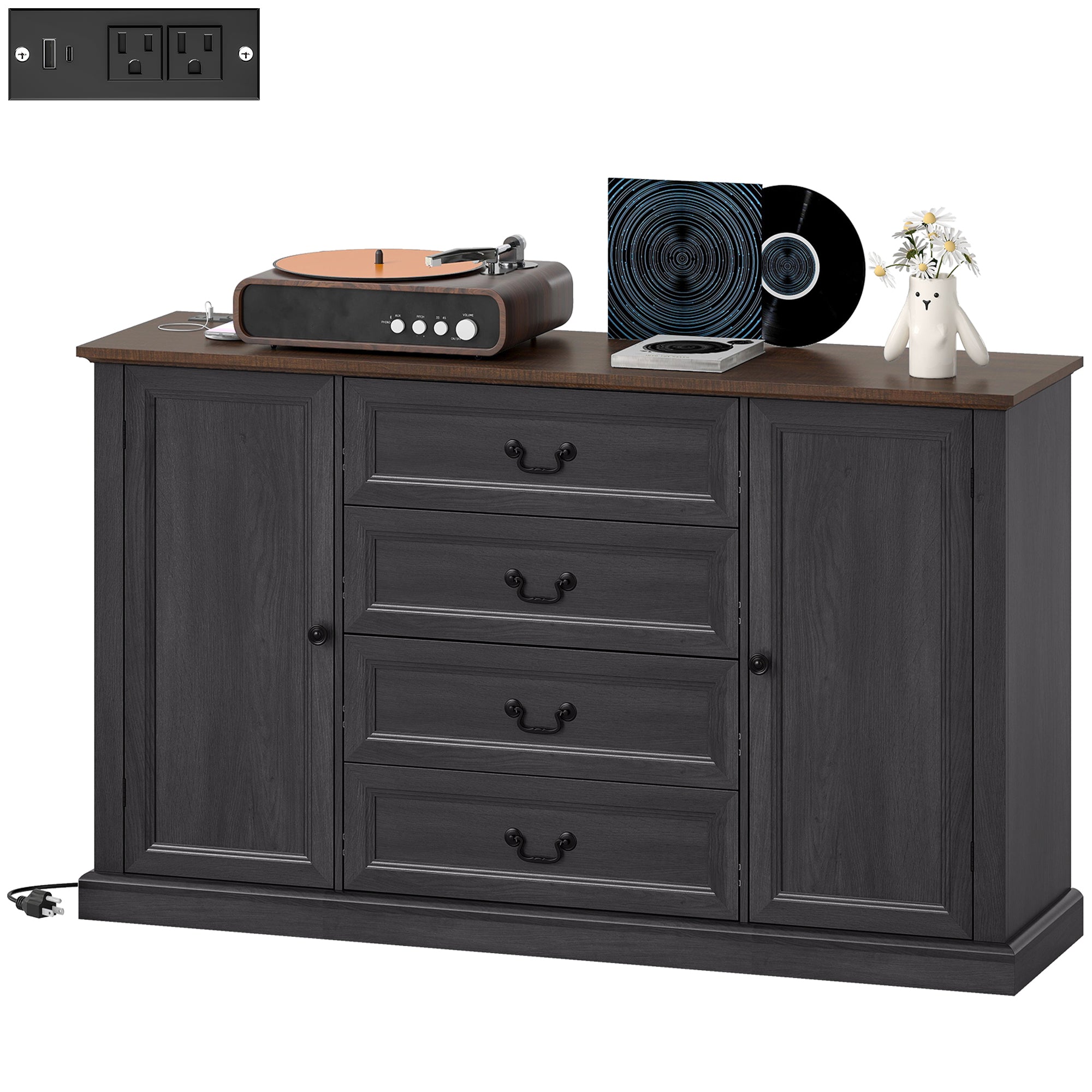 58" Farmhouse Sideboard with Charging Station - Black-DECOROLALA