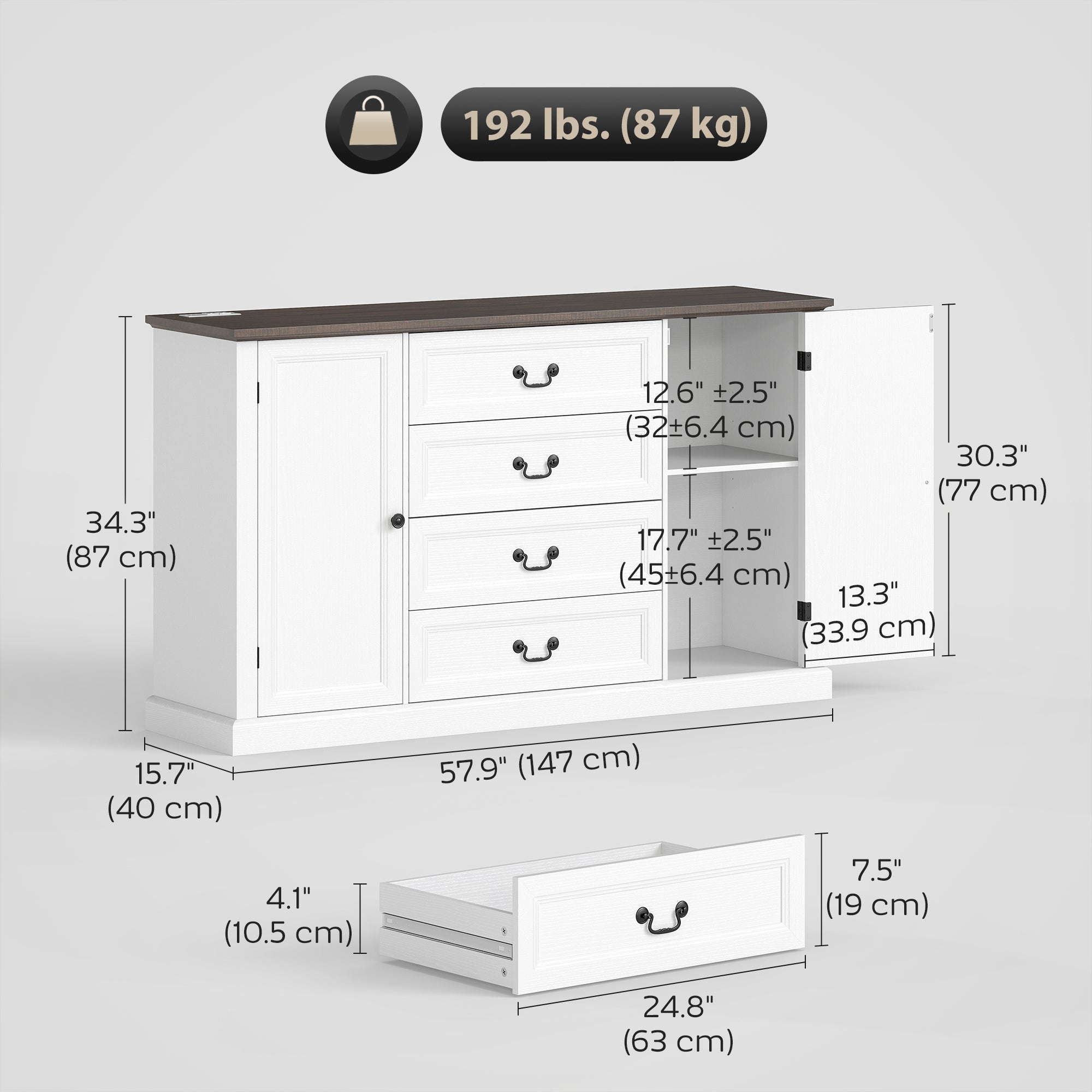 58" Farmhouse Sideboard with Charging Station - White-DECOROLALA
