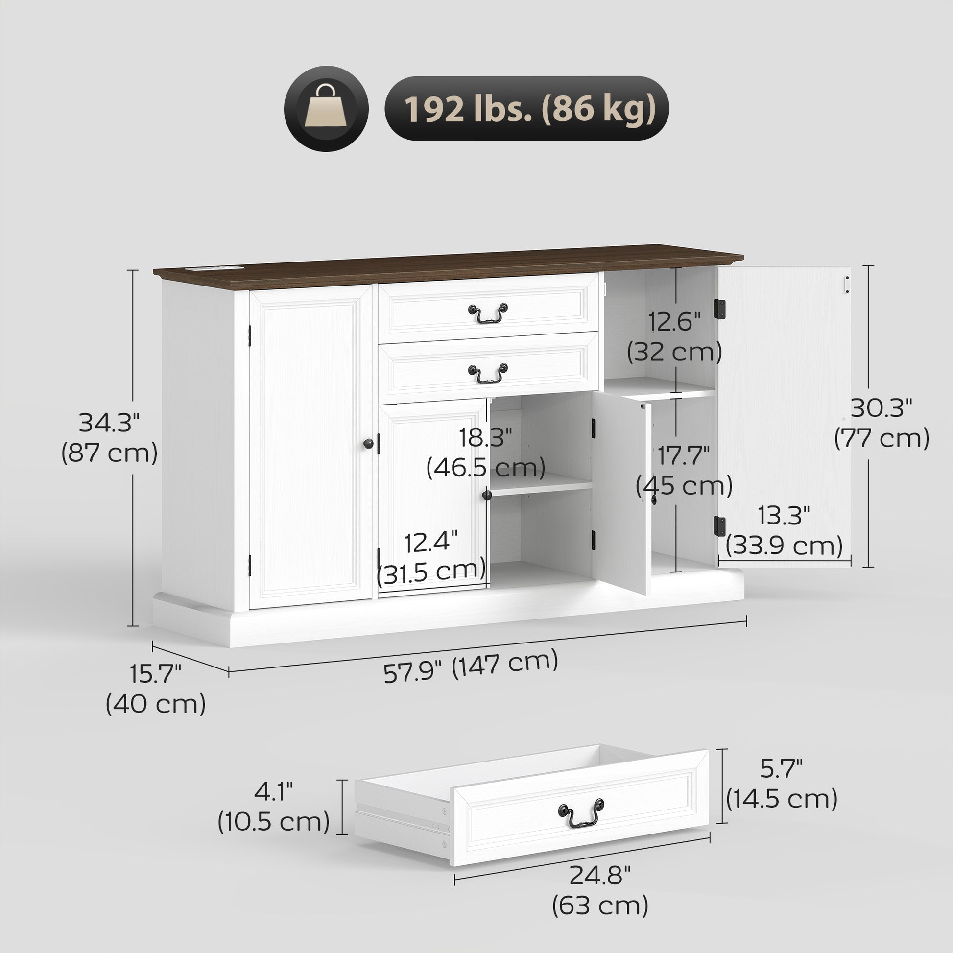 58" Farmhouse Sideboard with Charging Station - White-DECOROLALA
