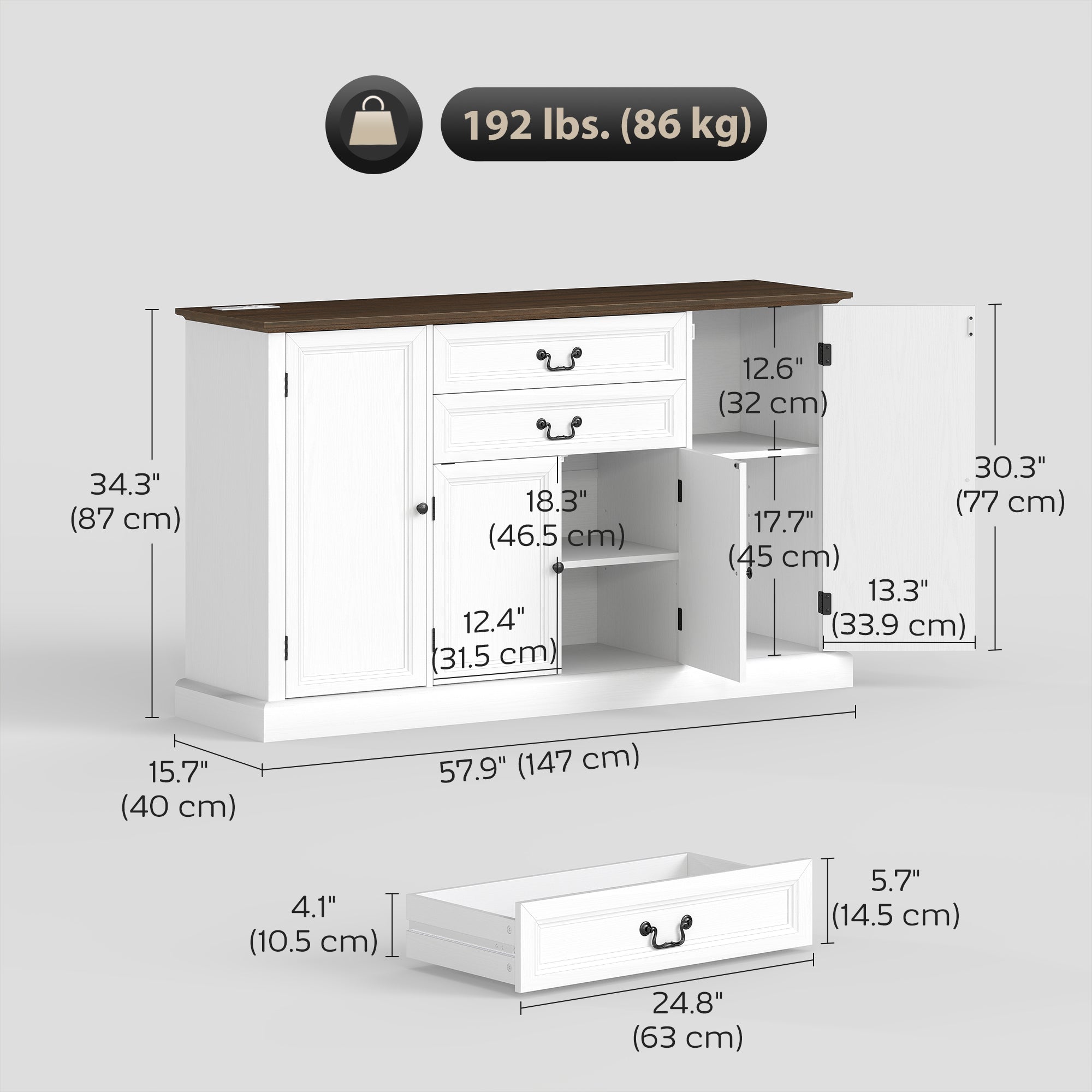 58" Farmhouse Sideboard with Charging Station - White-DECOROLALA