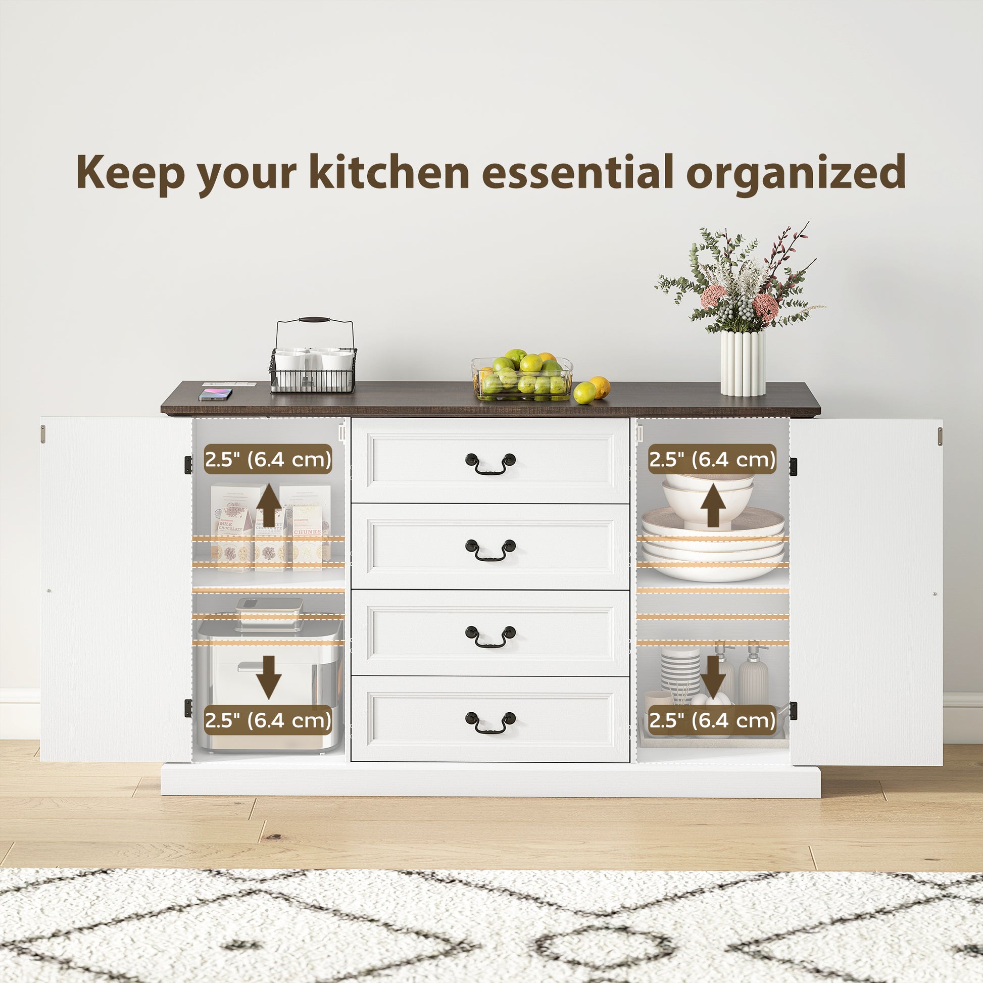58" Farmhouse Sideboard with Charging Station - White-DECOROLALA