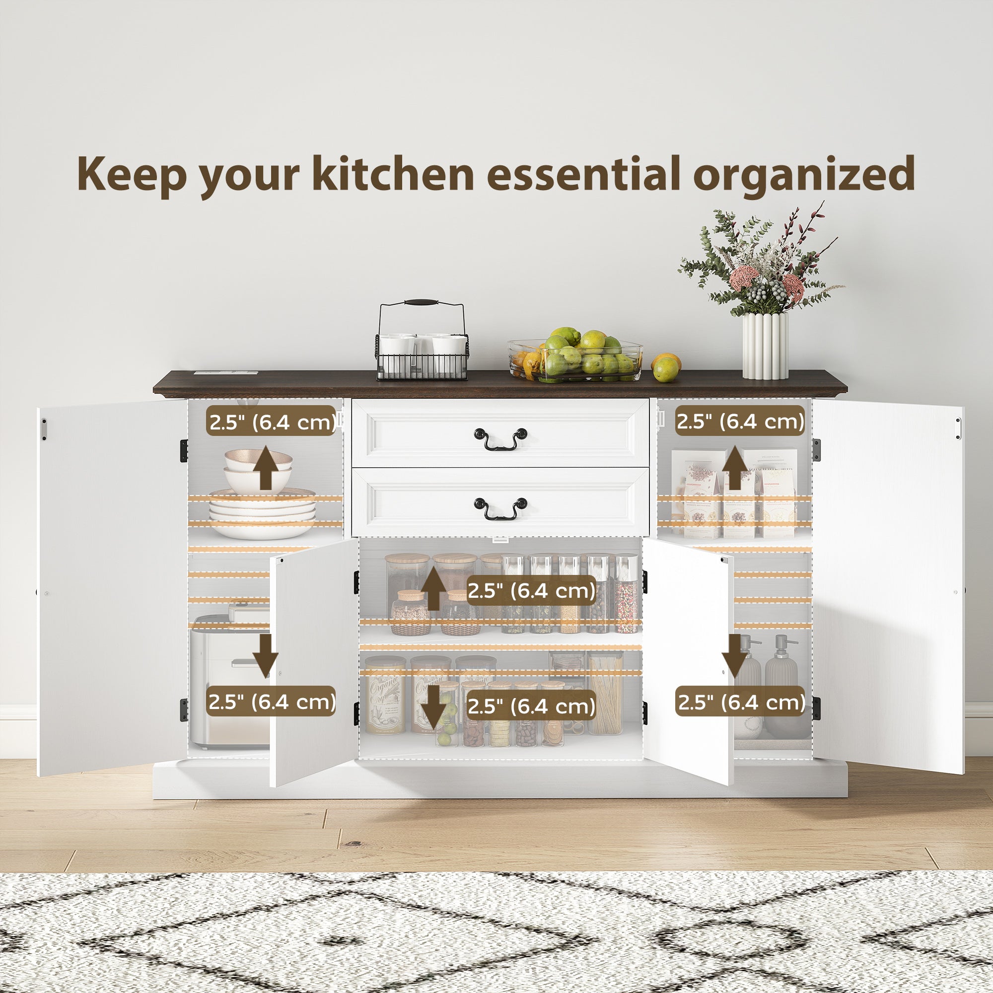 58" Farmhouse Sideboard with Charging Station - White-DECOROLALA