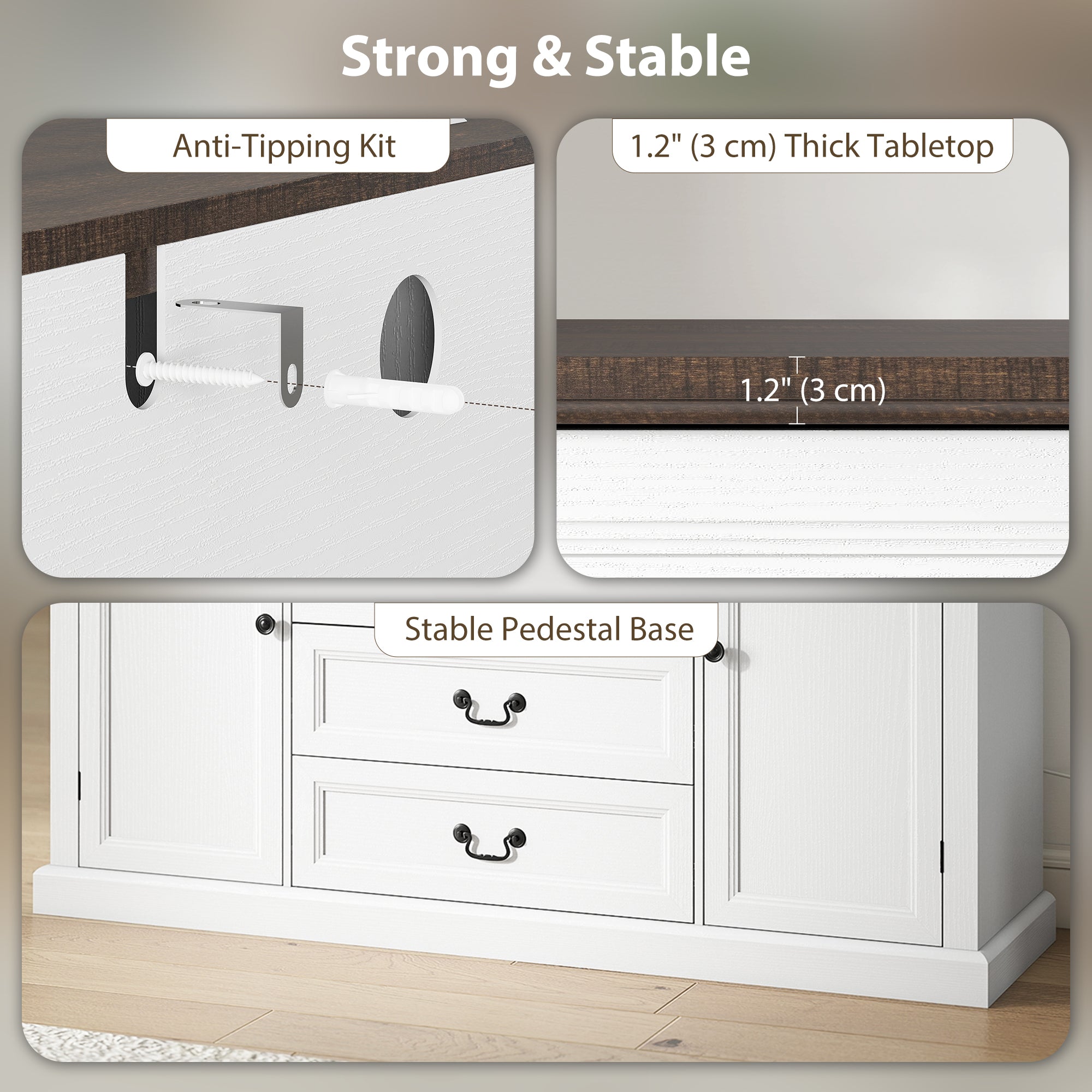 58" Farmhouse Sideboard with Charging Station - White-DECOROLALA