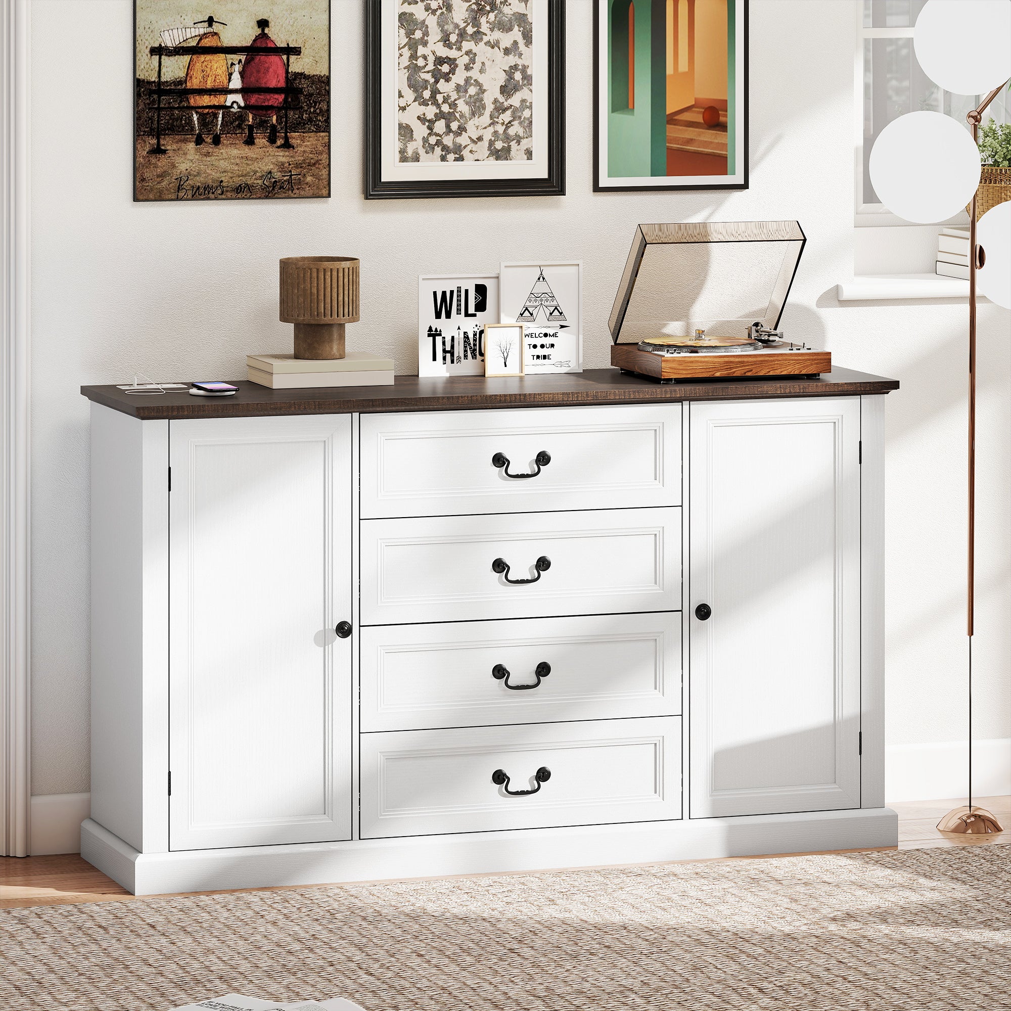 58" Farmhouse Sideboard with Charging Station - White-DECOROLALA