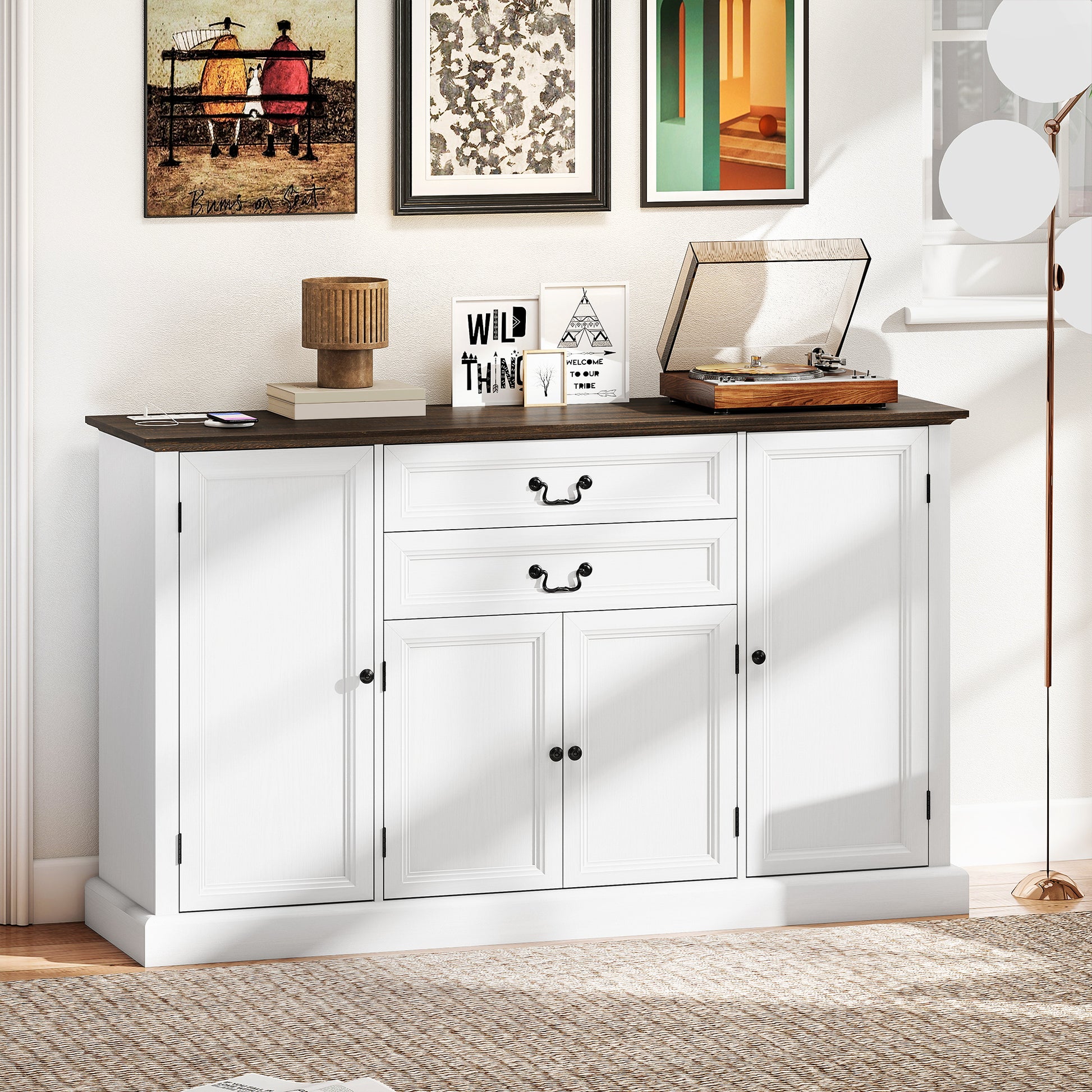 58" Farmhouse Sideboard with Charging Station - White-DECOROLALA