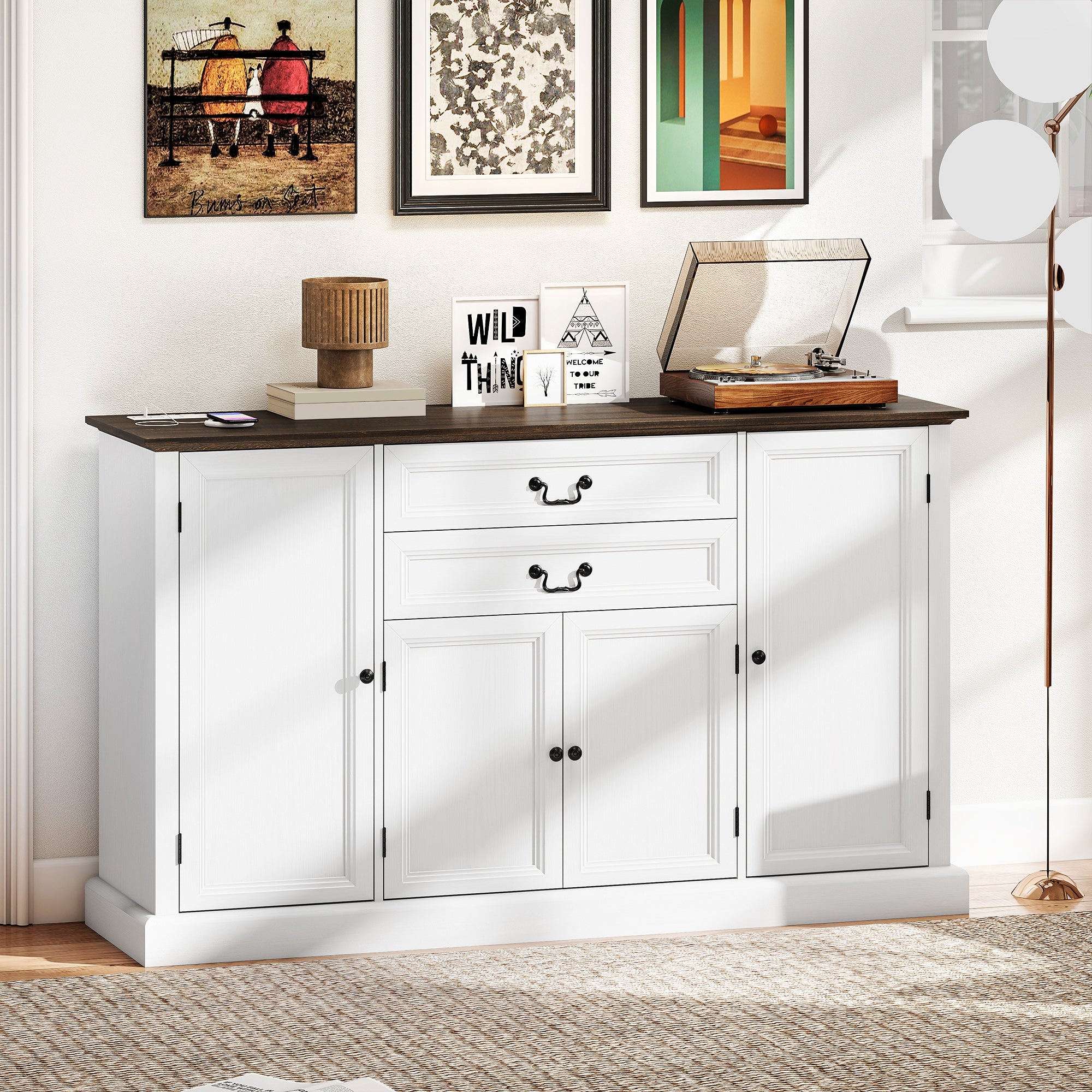 58" Farmhouse Sideboard with Charging Station - White-DECOROLALA