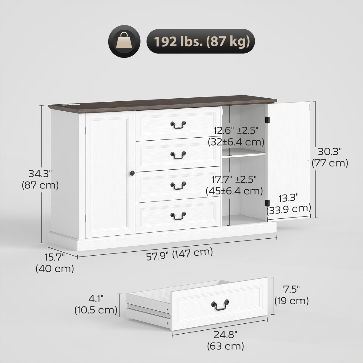 58" Farmhouse Sideboard with Charging Station - White-Sideboards & Buffets-DECOROLALA