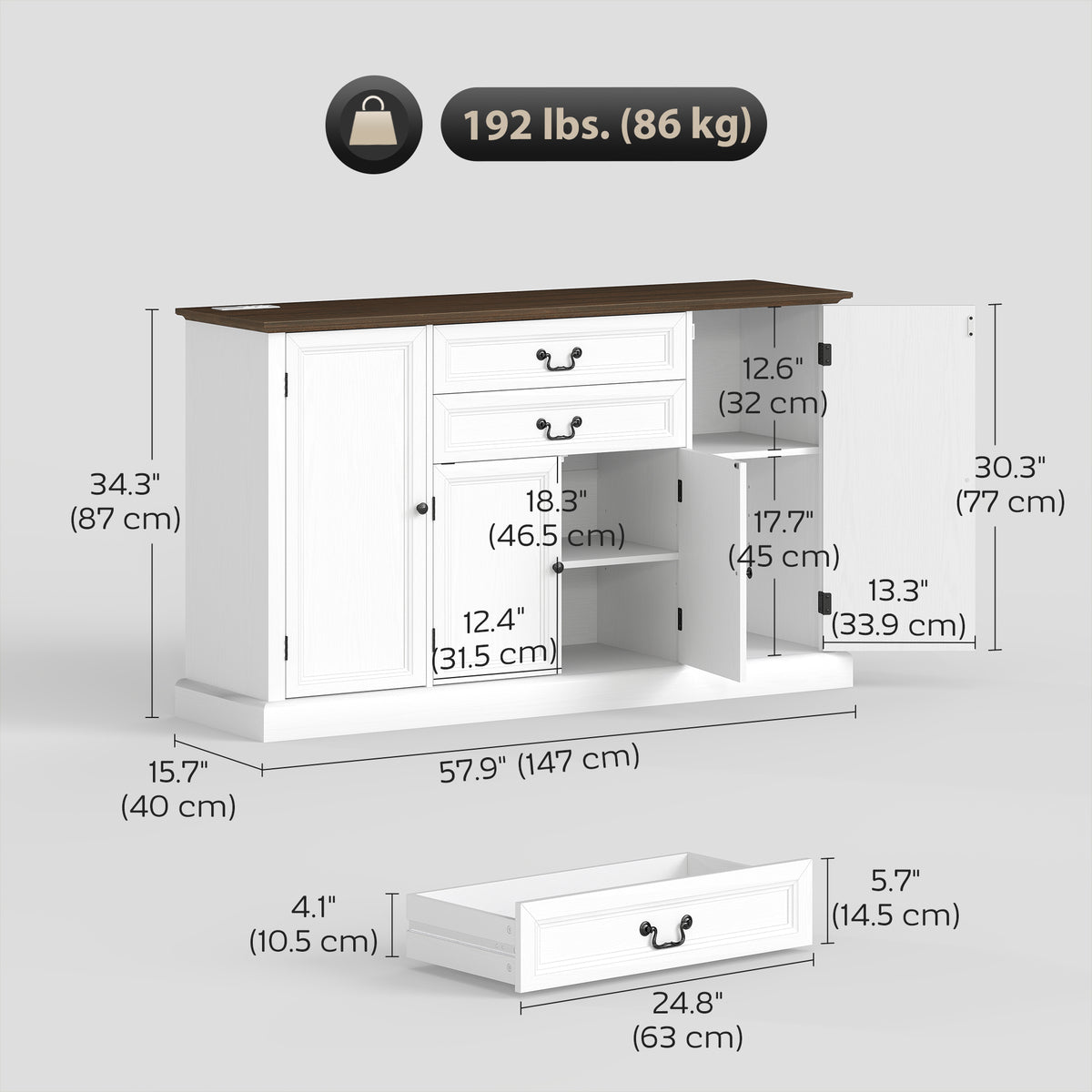 58" Farmhouse Sideboard with Charging Station - White-Sideboards & Buffets-DECOROLALA