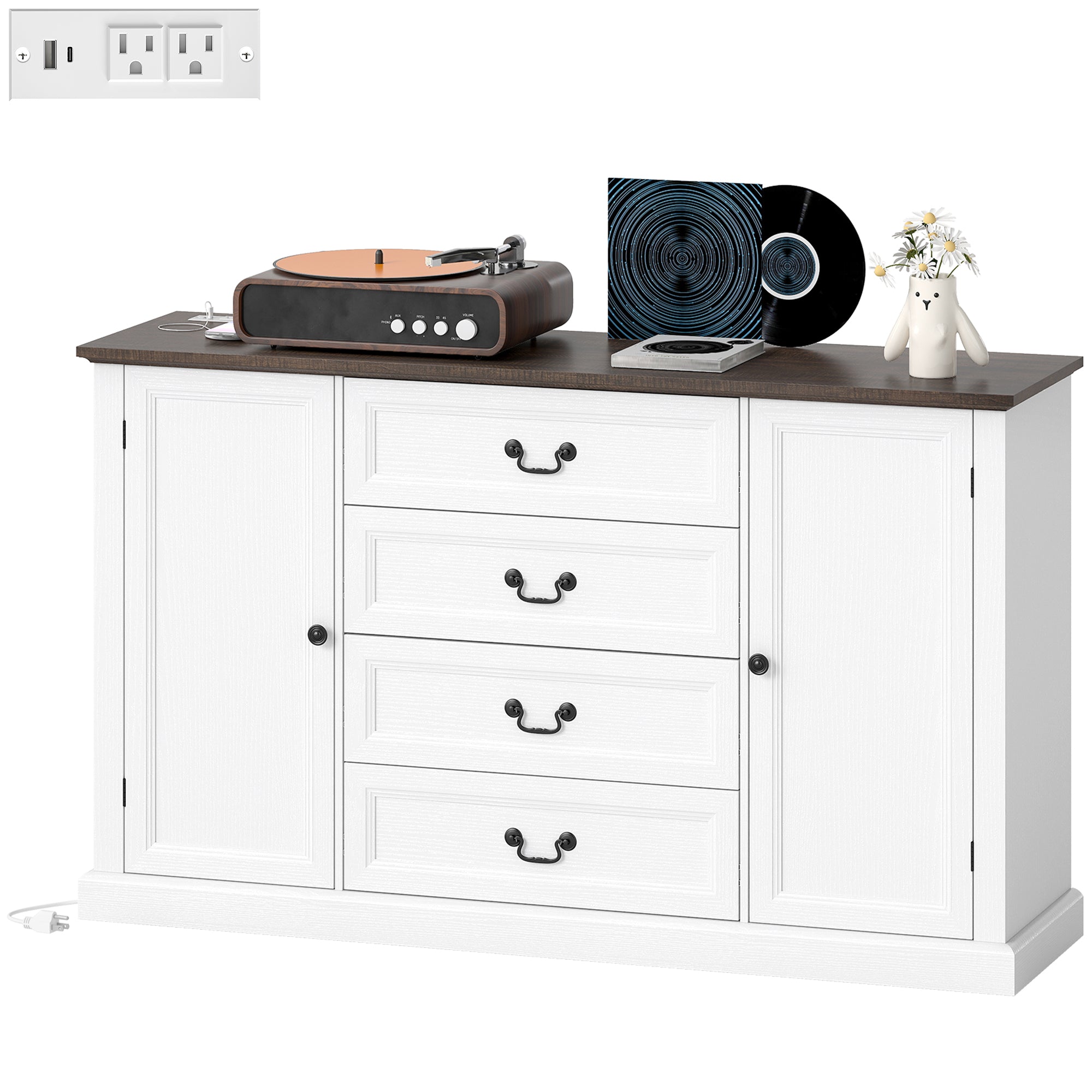 58" Farmhouse Sideboard with Charging Station - White-DECOROLALA