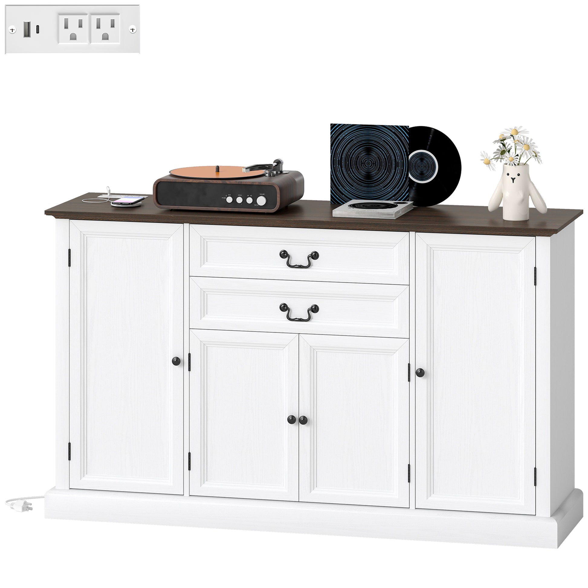 58" Farmhouse Sideboard with Charging Station - White-DECOROLALA