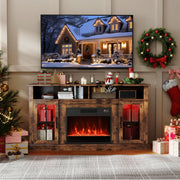 58" Fireplace TV Stand with LED Lights, Storage Cabinets - Rustic Brown-Entertainment Centers & TV Stands-DECOROLALA