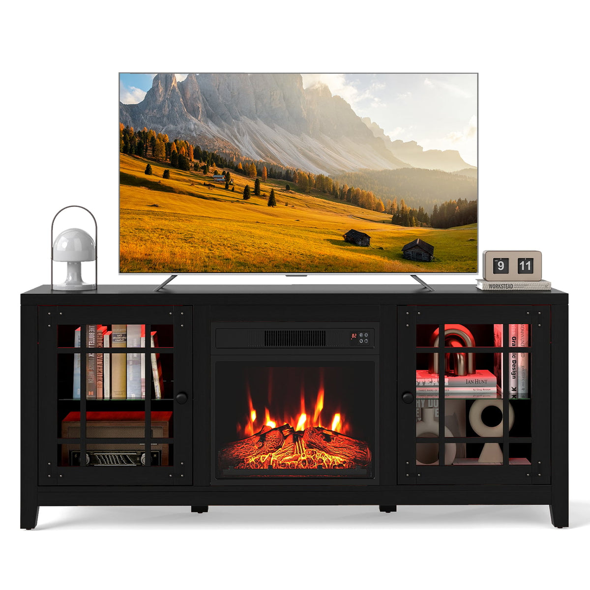 58" Fireplace TV Stand with LED Lights and 18" Electric Fireplace-Black-Fireplaces-DECOROLALA