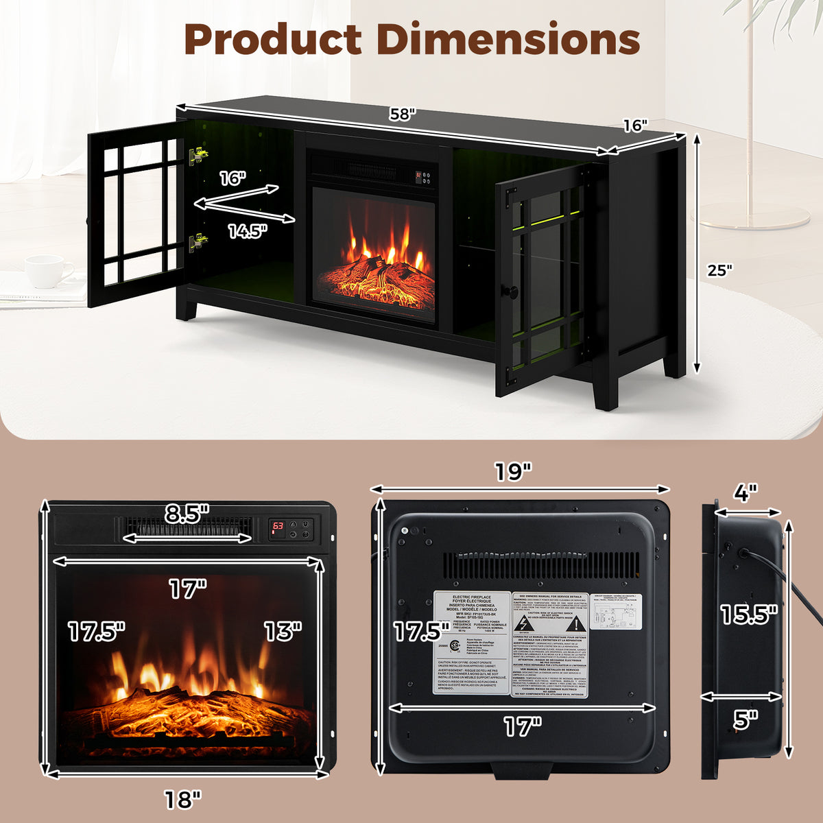 58" Fireplace TV Stand with LED Lights and 18" Electric Fireplace-Black-Fireplaces-DECOROLALA