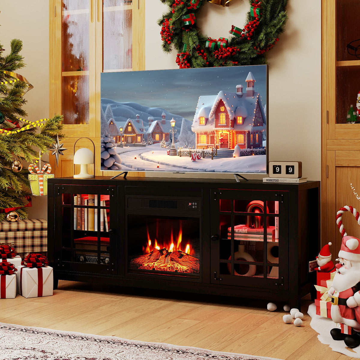 58" Fireplace TV Stand with LED Lights and 18" Electric Fireplace-Black-Fireplaces-DECOROLALA