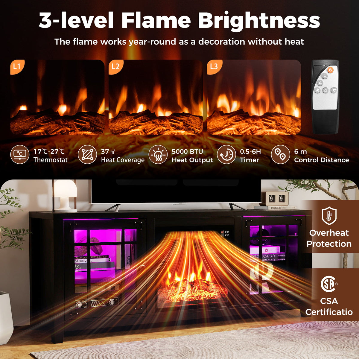 58" Fireplace TV Stand with LED Lights and 18" Electric Fireplace-Black-Fireplaces-DECOROLALA