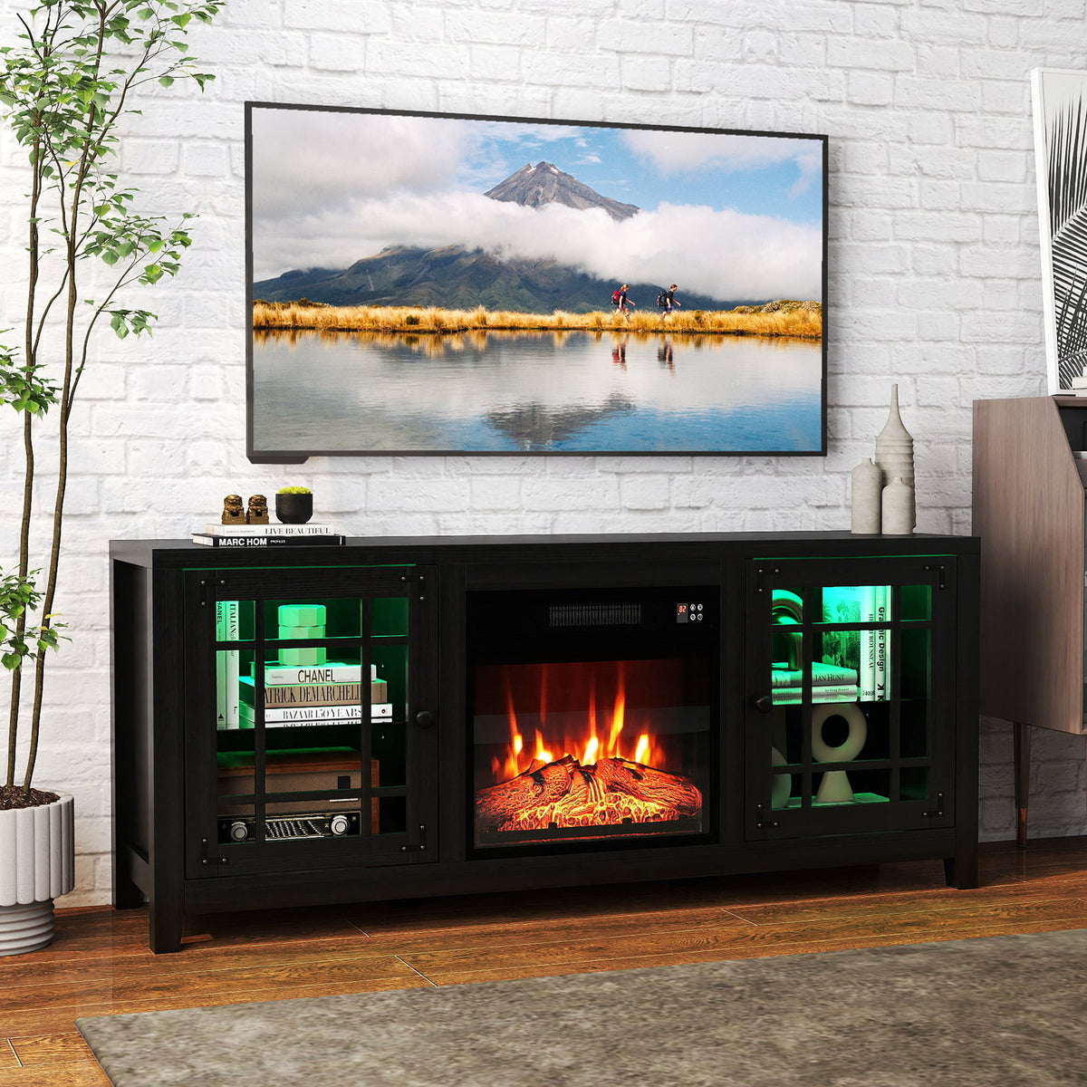 58" Fireplace TV Stand with LED Lights and 18" Electric Fireplace-Black-Fireplaces-DECOROLALA