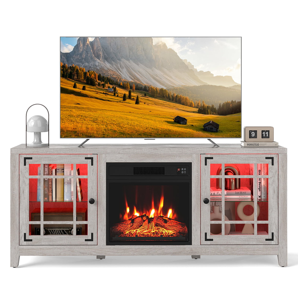 58" Fireplace TV Stand with LED Lights and 18" Electric Fireplace-Natural-Fireplaces-DECOROLALA