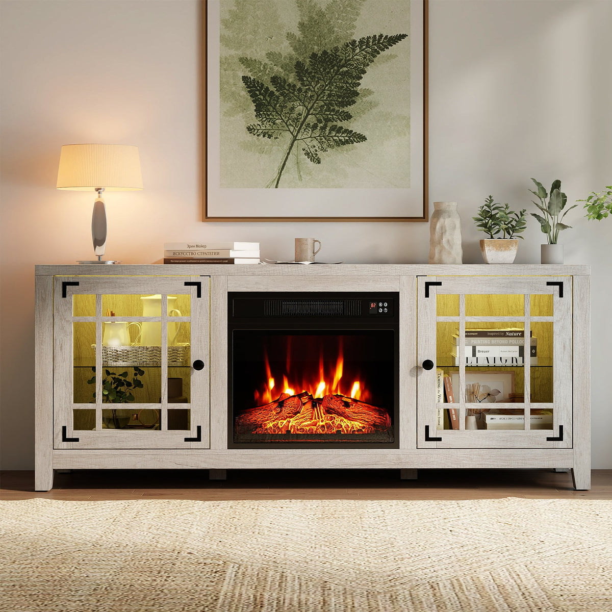 58" Fireplace TV Stand with LED Lights and 18" Electric Fireplace-Natural-Fireplaces-DECOROLALA