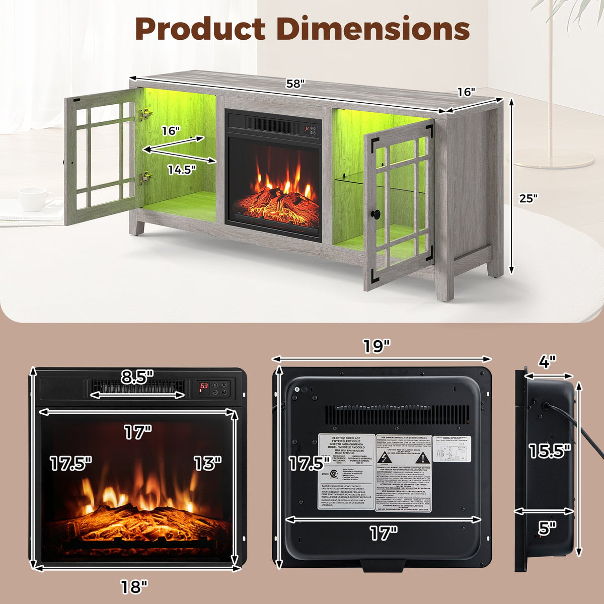 58" Fireplace TV Stand with LED Lights and 18" Electric Fireplace-Natural-Fireplaces-DECOROLALA