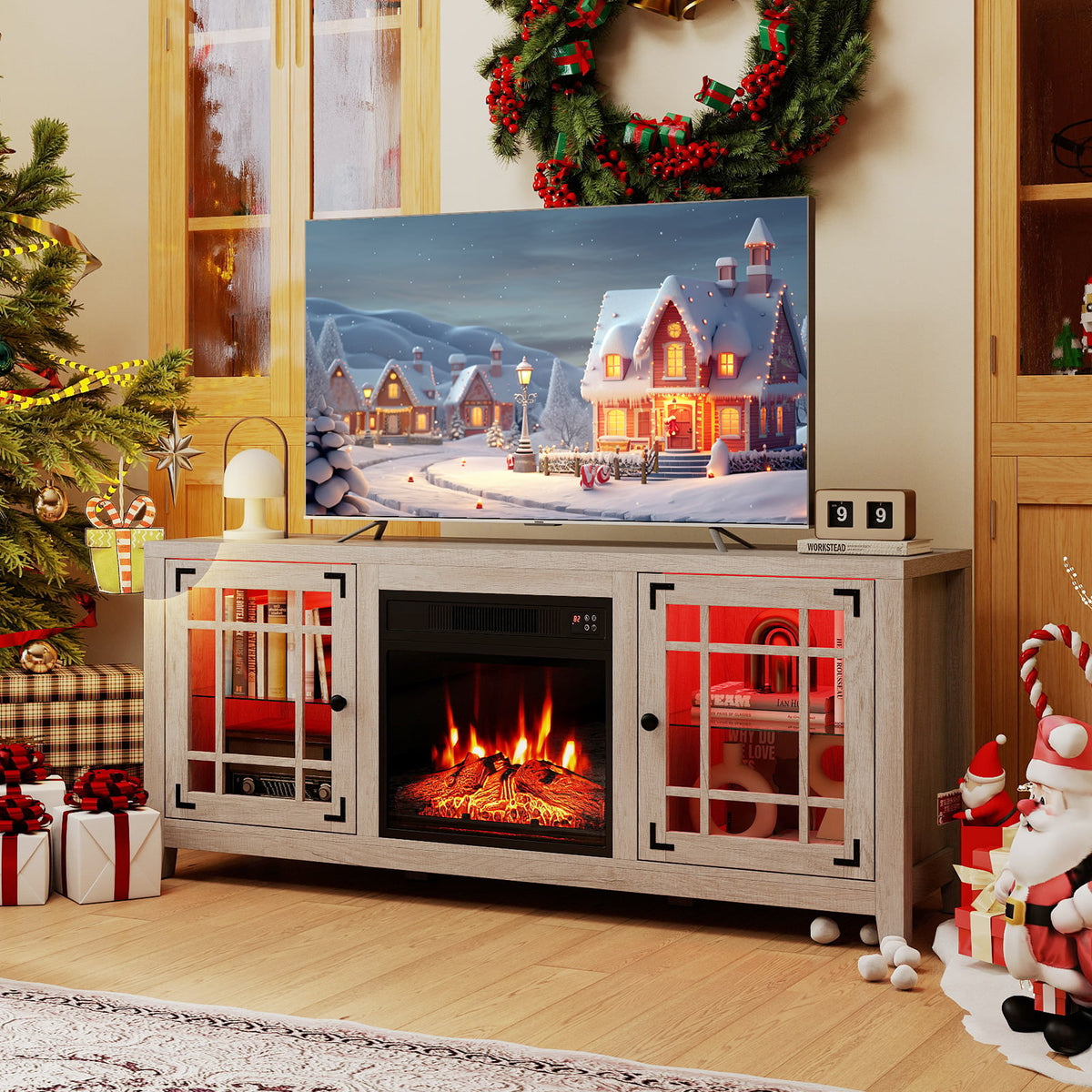 58" Fireplace TV Stand with LED Lights and 18" Electric Fireplace-Natural-Fireplaces-DECOROLALA
