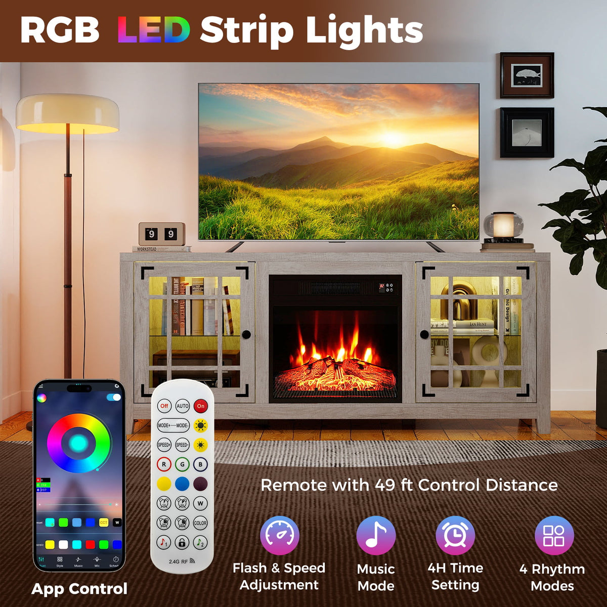 58" Fireplace TV Stand with LED Lights and 18" Electric Fireplace-Natural-Fireplaces-DECOROLALA