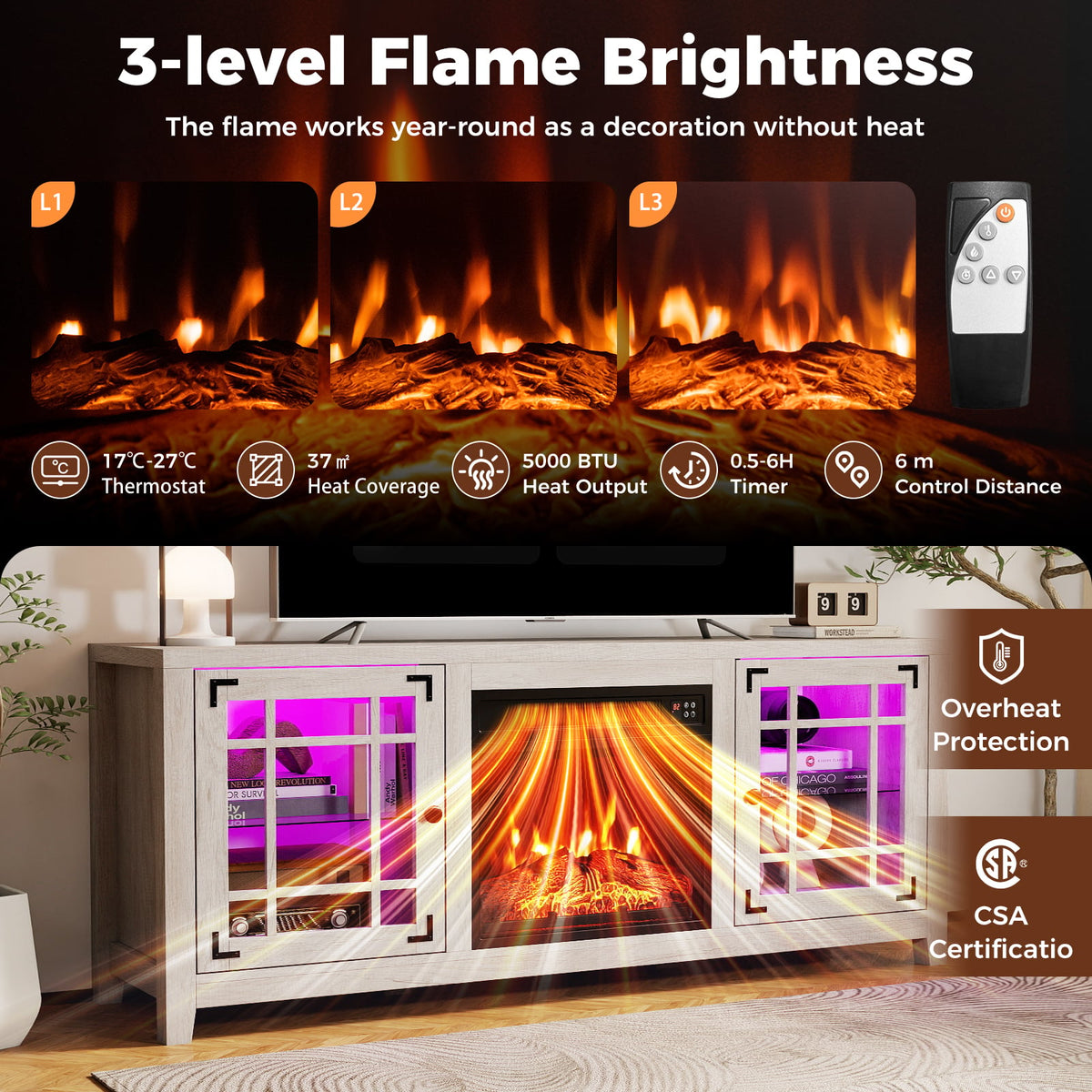 58" Fireplace TV Stand with LED Lights and 18" Electric Fireplace-Natural-Fireplaces-DECOROLALA
