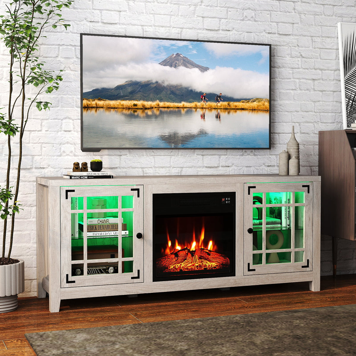 58" Fireplace TV Stand with LED Lights and 18" Electric Fireplace-Natural-Fireplaces-DECOROLALA