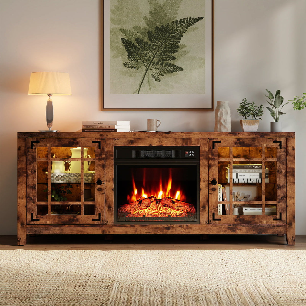 58" Fireplace TV Stand with LED Lights and 18" Electric Fireplace-Rustic Brown-Fireplaces-DECOROLALA