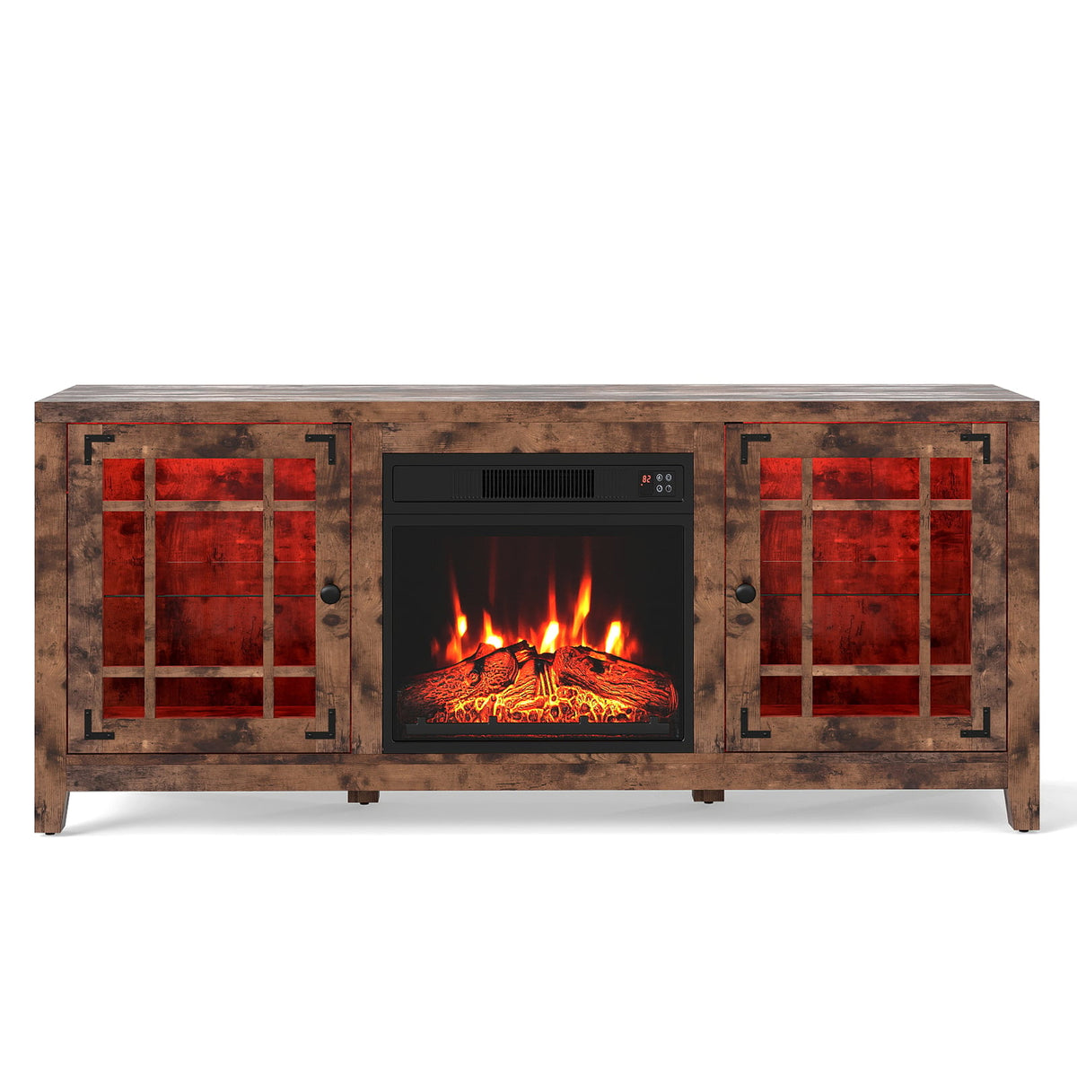 58" Fireplace TV Stand with LED Lights and 18" Electric Fireplace-Rustic Brown-Fireplaces-DECOROLALA