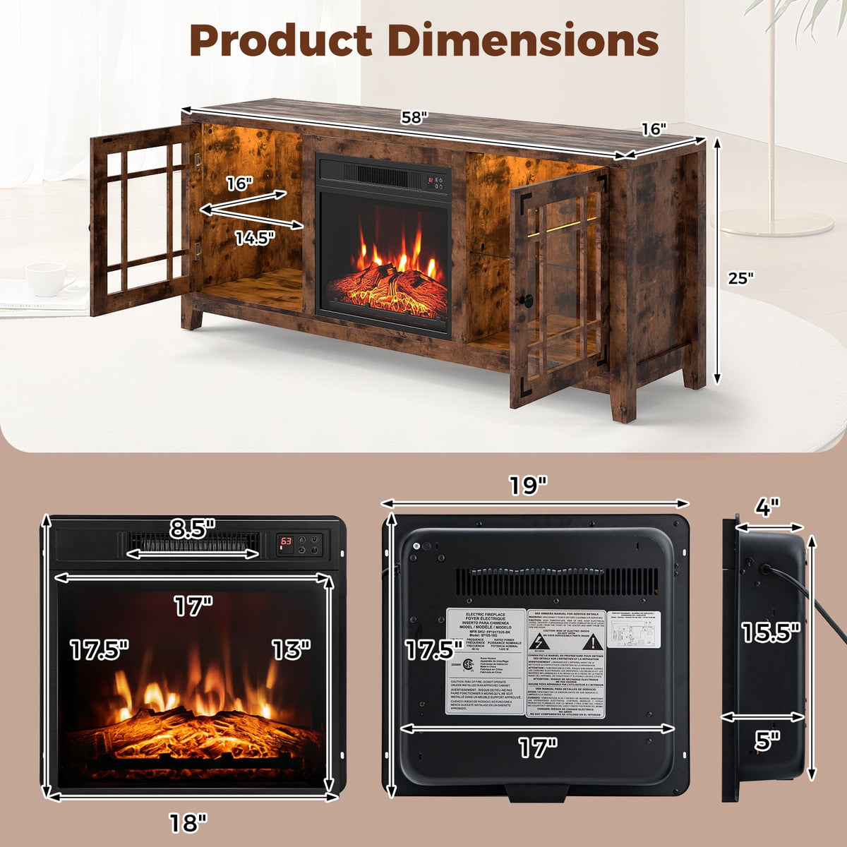 58" Fireplace TV Stand with LED Lights and 18" Electric Fireplace-Rustic Brown-Fireplaces-DECOROLALA
