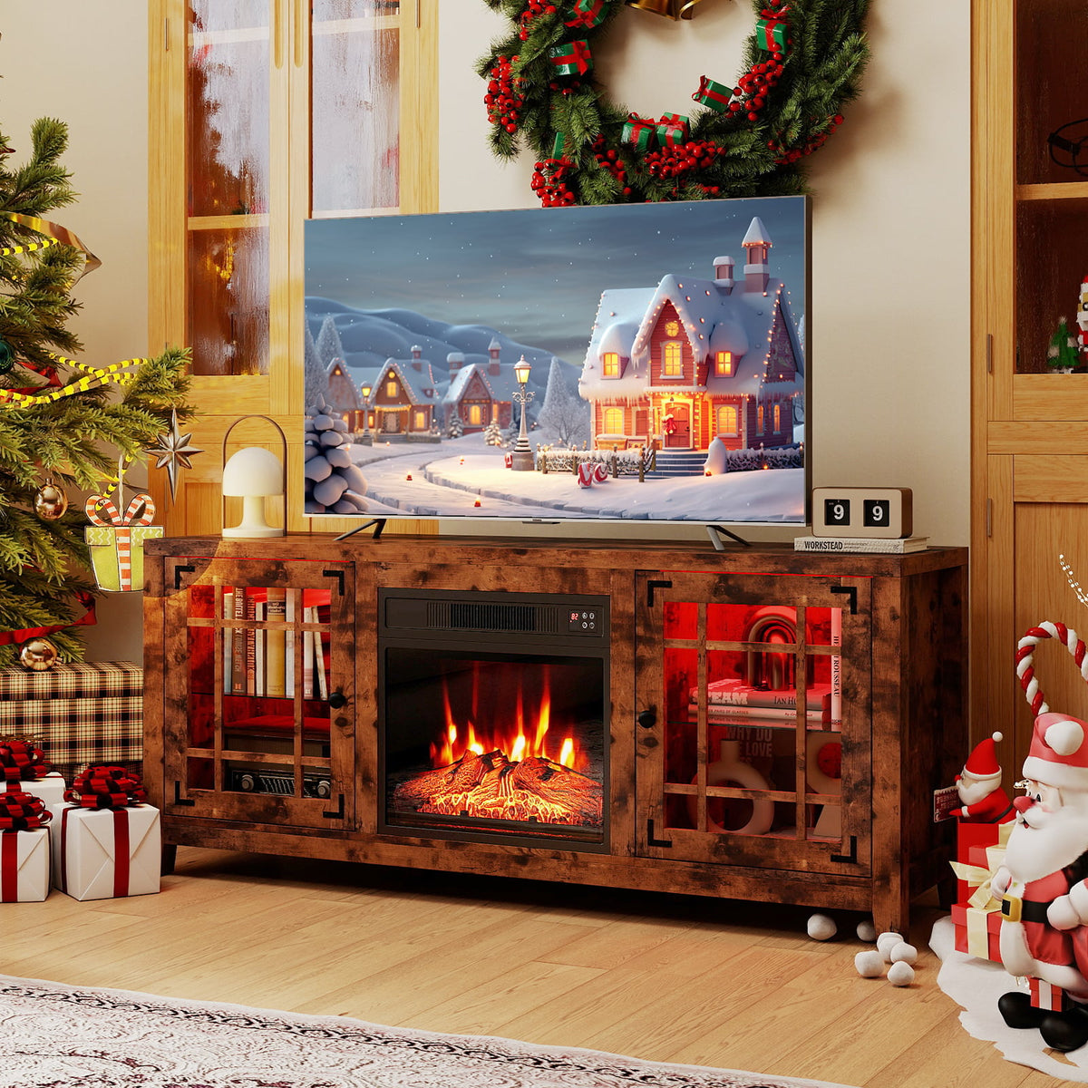 58" Fireplace TV Stand with LED Lights and 18" Electric Fireplace-Rustic Brown-Fireplaces-DECOROLALA
