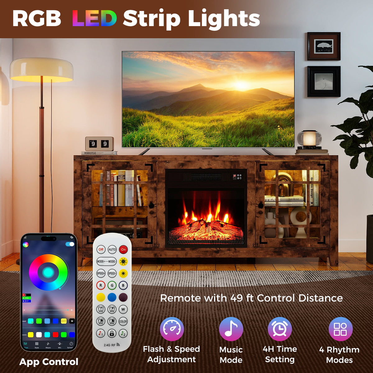 58" Fireplace TV Stand with LED Lights and 18" Electric Fireplace-Rustic Brown-Fireplaces-DECOROLALA