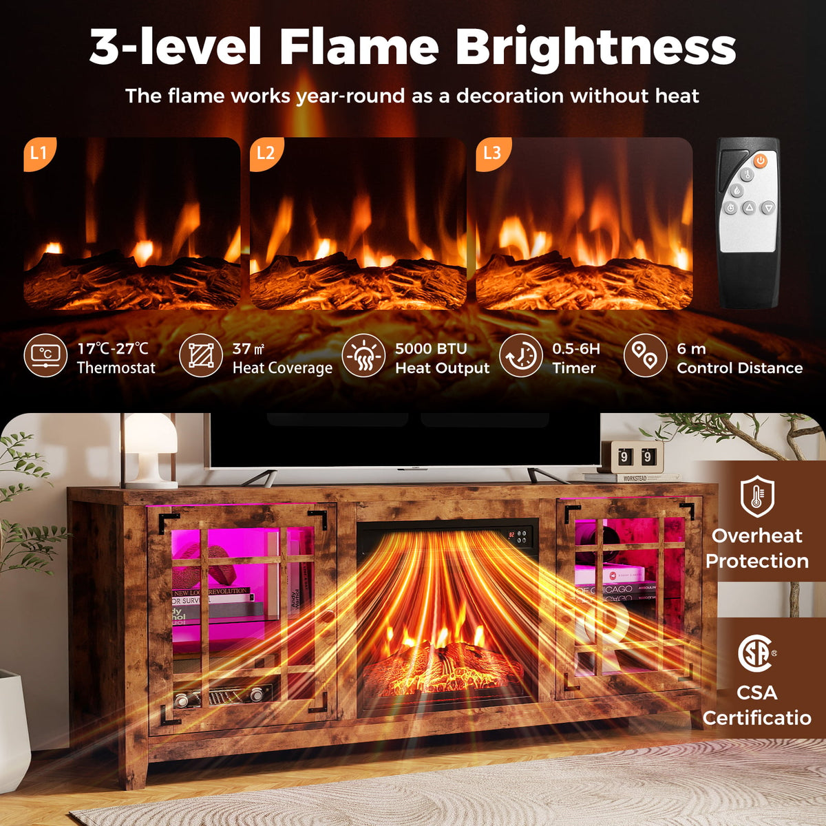 58" Fireplace TV Stand with LED Lights and 18" Electric Fireplace-Rustic Brown-Fireplaces-DECOROLALA