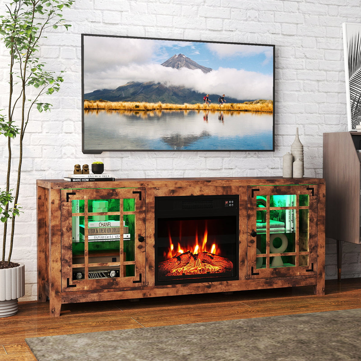 58" Fireplace TV Stand with LED Lights and 18" Electric Fireplace-Rustic Brown-Fireplaces-DECOROLALA