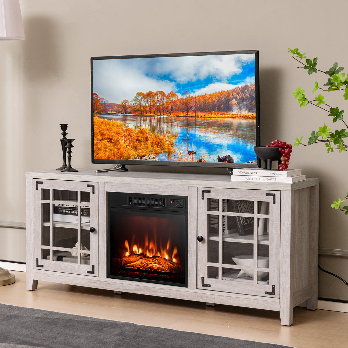 58 Inch Fireplace TV Stand with Adjustable Shelves for TVs up to 65 Inch-Natural-Entertainment Centers & TV Stands-DECOROLALA