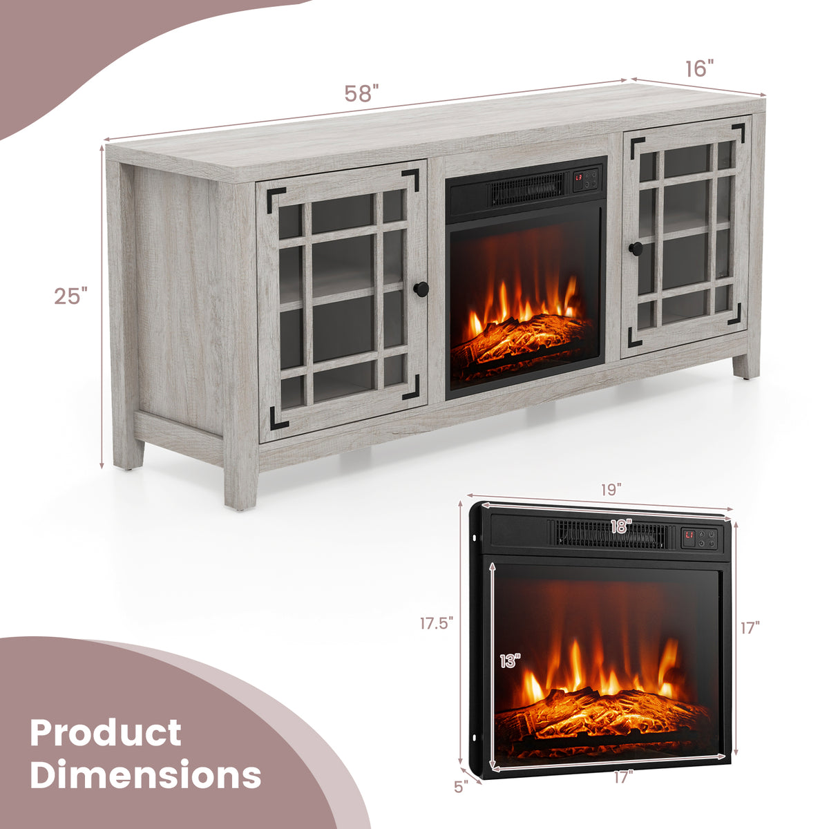 58 Inch Fireplace TV Stand with Adjustable Shelves for TVs up to 65 Inch-Natural-Entertainment Centers & TV Stands-DECOROLALA
