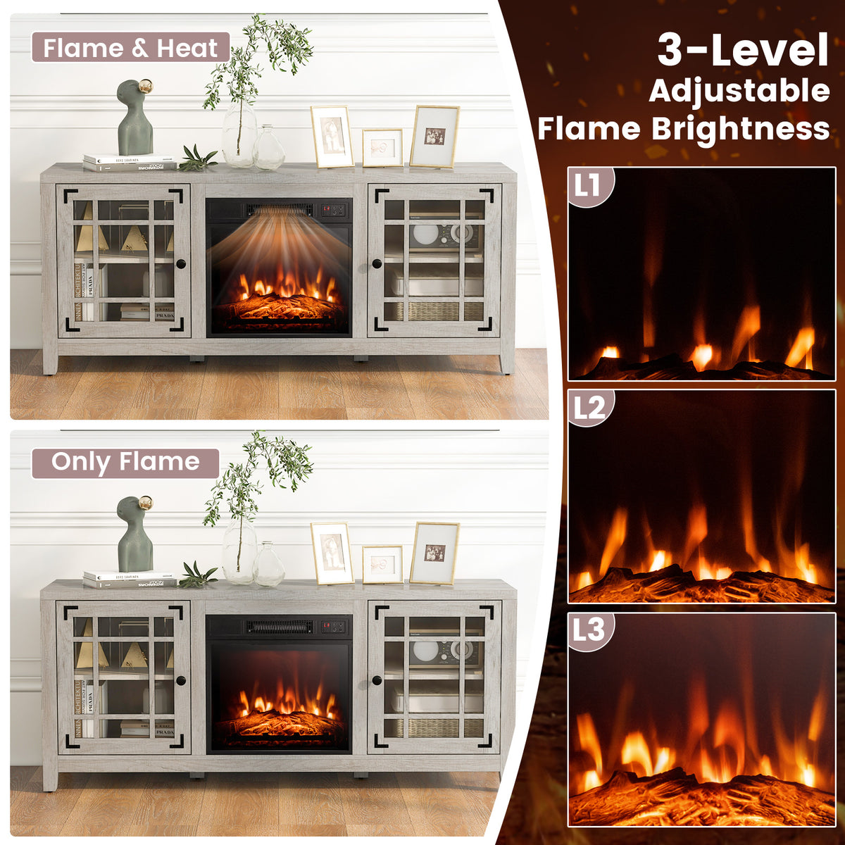 58 Inch Fireplace TV Stand with Adjustable Shelves for TVs up to 65 Inch-Natural-Entertainment Centers & TV Stands-DECOROLALA